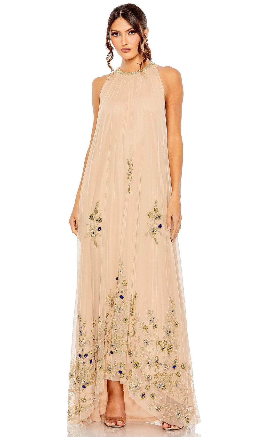 Mac Duggal 9232 - Floral Beaded A-Line Evening Gown Special Occasion Dress 2 / Nude Gold