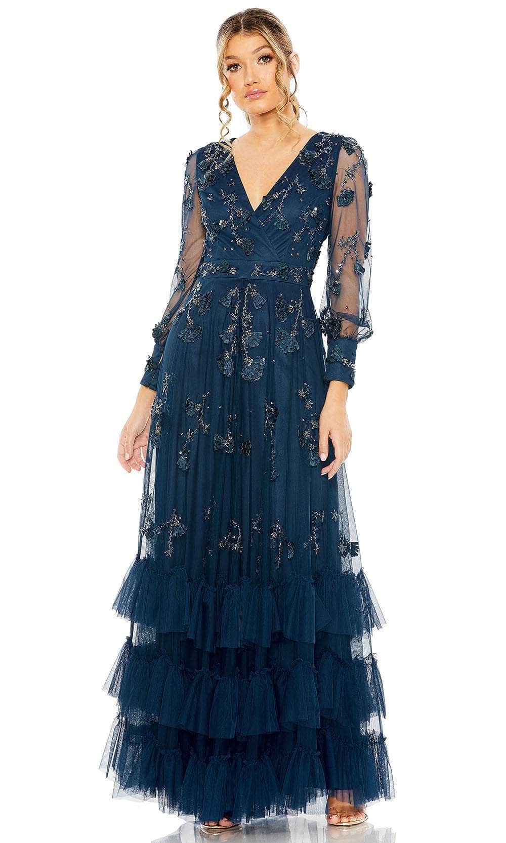 Mac Duggal 9256 - Long Hand Embellished Embroidered Overlay A-Line Dress - Long Sleeves, Beaded, Tiered Skirt, Full Back, Back Zipper Closure ADASA Mac Duggal 9256 - Long Hand Embellished Embroidered Overlay A-Line Dress - Long Sleeves, Beaded, Tiered Skirt, Full Back, Back Zipper Closure ADASA