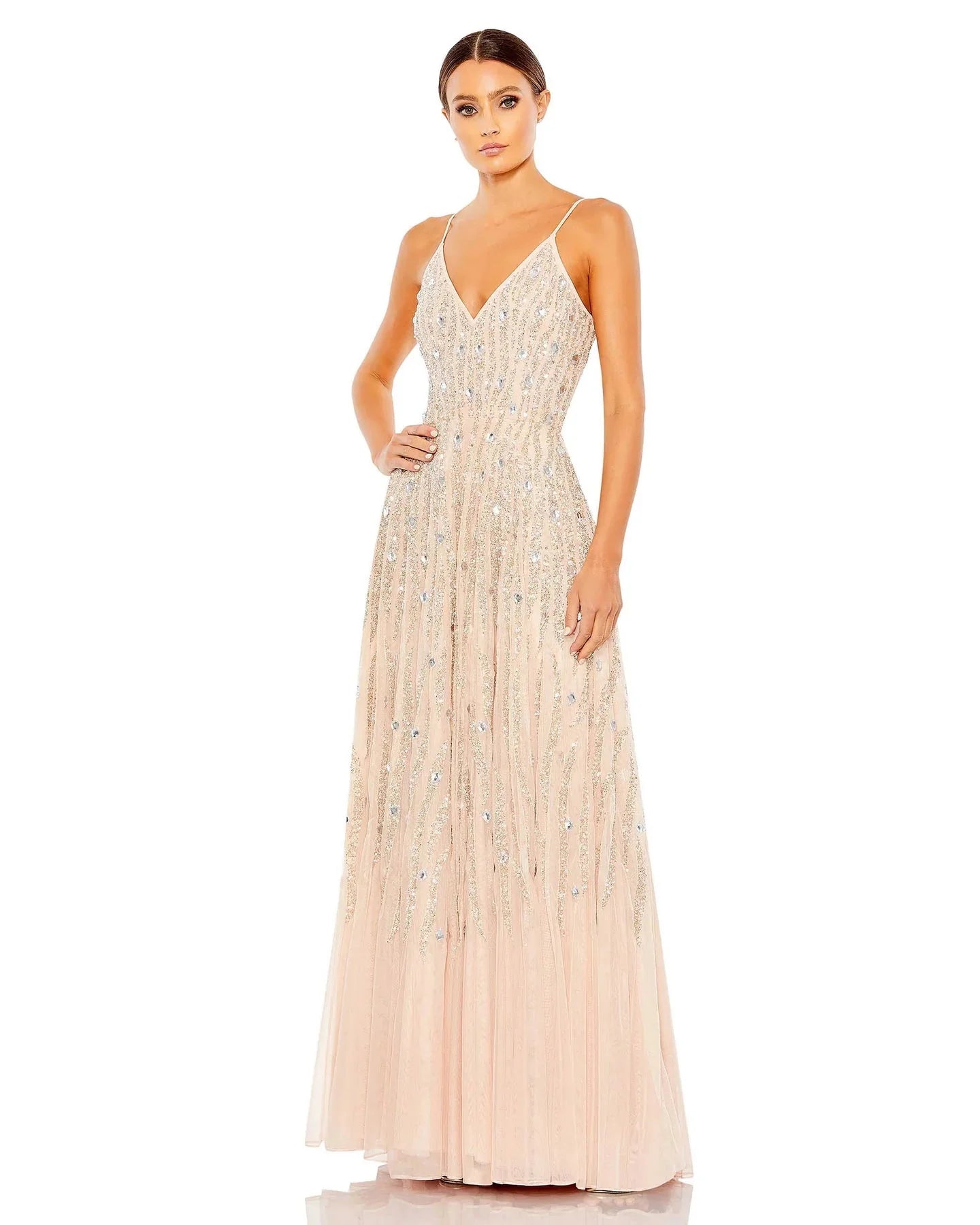 Mac Duggal 93566 - Long A-Line Dress - Sleeveless, Spaghetti Straps, Sequins, Beads, Fit And Flare, Tulle, V Back, Back Zipper, Floor Length, Sweep Train ADASA Mac Duggal 93566 - Long A-Line Dress - Sleeveless, Spaghetti Straps, Sequins, Beads, Fit And Flare, Tulle, V Back, Back Zipper, Floor Length, Sweep Train ADASA