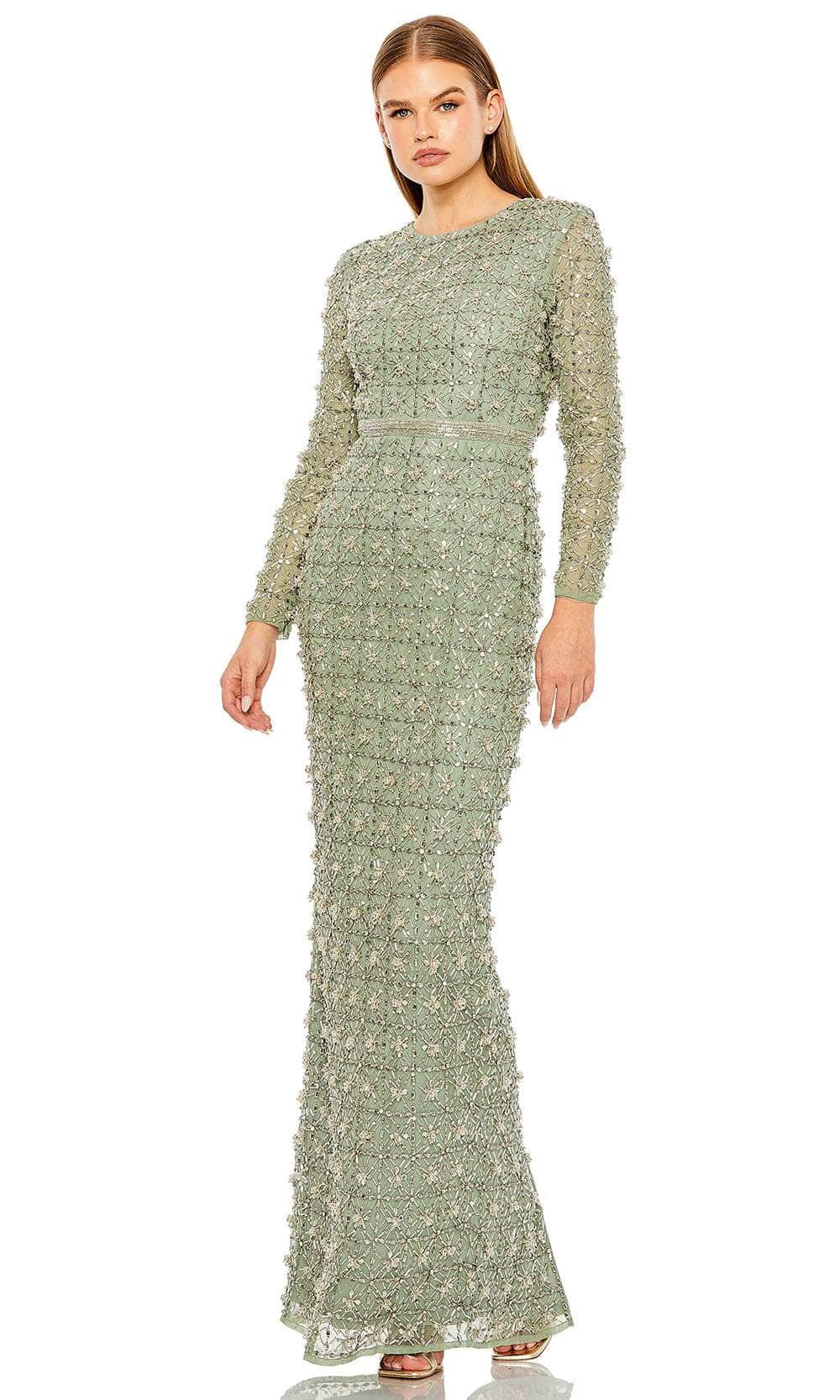 Mac Duggal 93827 - Long Beaded Mesh Overlay Column Dress - Illusion Long Sleeve, Beaded, Thin Belt, Full Back, Back Zipper, Back Slit, Fitted ADASA Mac Duggal 93827 - Long Beaded Mesh Overlay Column Dress - Illusion Long Sleeve, Beaded, Thin Belt, Full Back, Back Zipper, Back Slit, Fitted ADASA