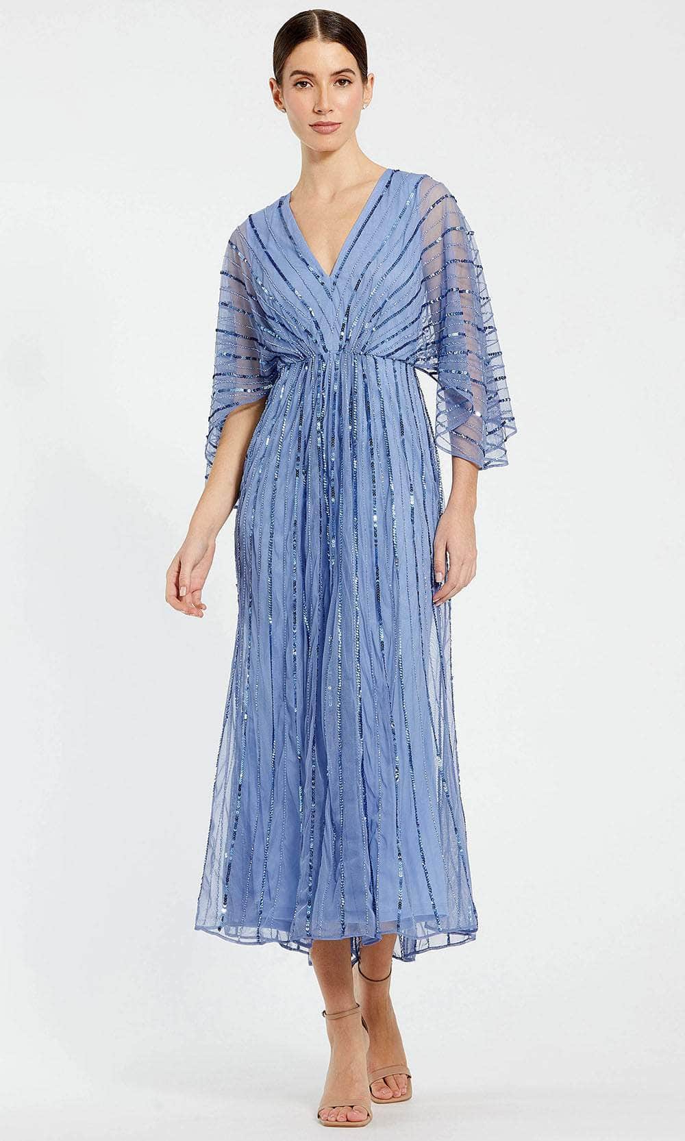 Mac Duggal 93995 - Tea Length Sequin Mesh Overlay A-Line Dress - Beaded, Sequin, Illusion Kimono Sleeve, Full Back, Back Zipper, Fit And Flare ADASA Mac Duggal 93995 - Tea Length Sequin Mesh Overlay A-Line Dress - Beaded, Sequin, Illusion Kimono Sleeve, Full Back, Back Zipper, Fit And Flare ADASA