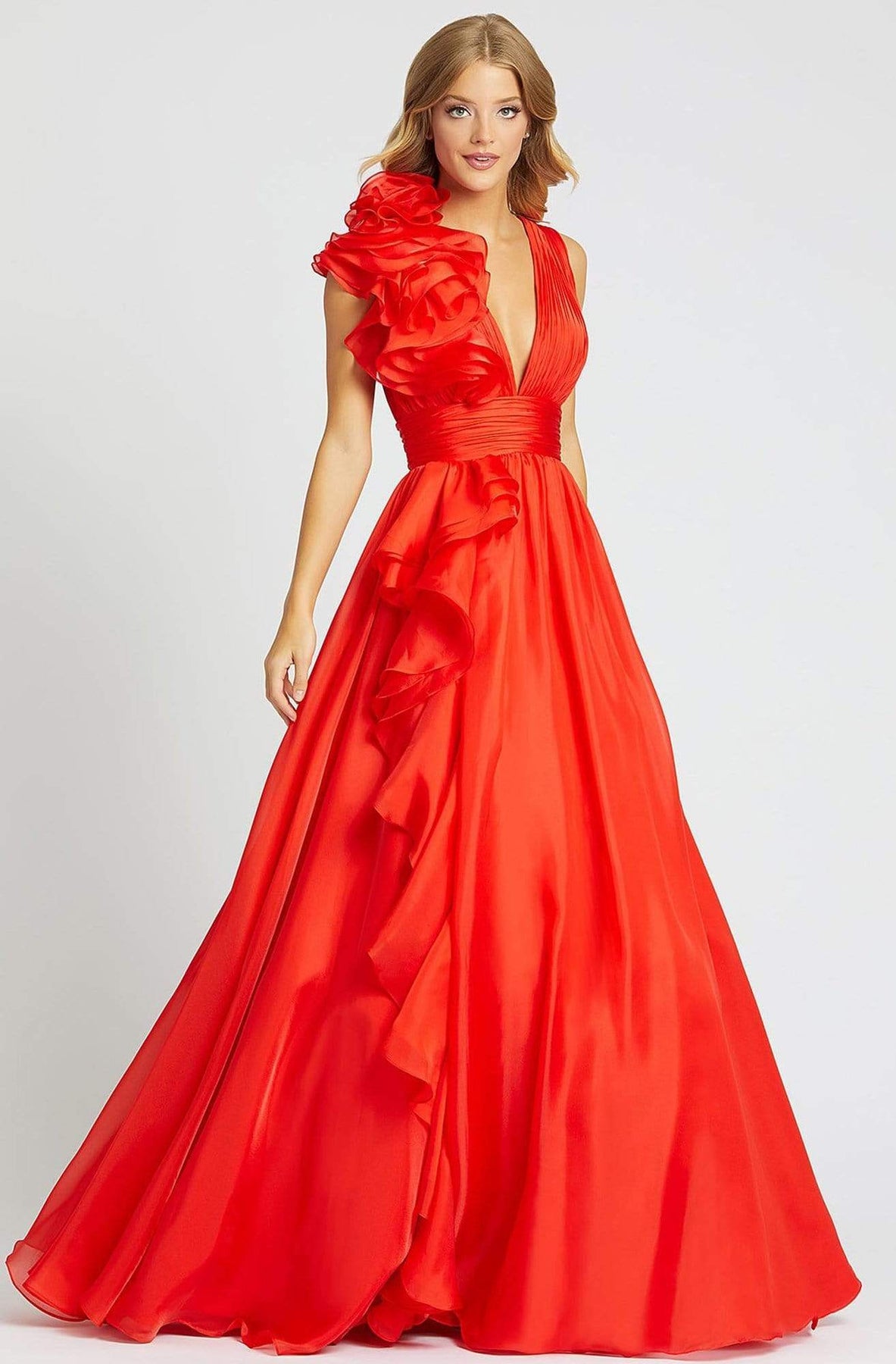 Mac Duggal Ballgowns - 48856H Ruffle Accent Sleeveless V Neck Ballgown Ball Gowns 0 / Cherry