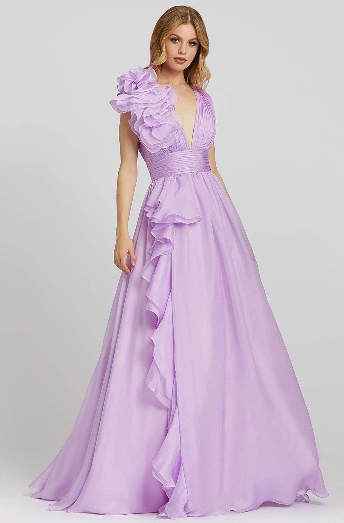 Mac Duggal Ballgowns - 48856H Ruffle Accent Sleeveless V Neck Ballgown Ball Gowns 0 / Orchid