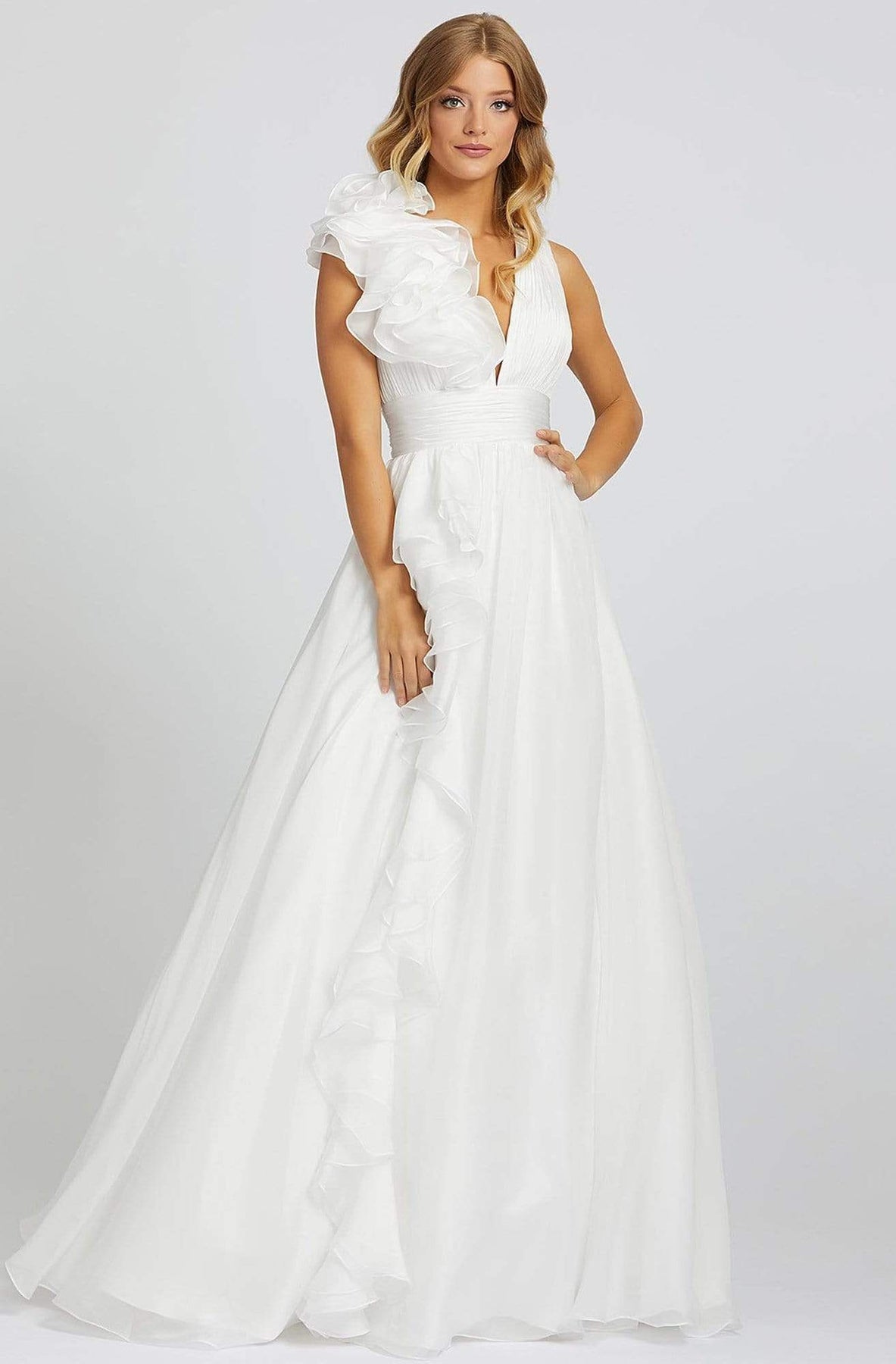 Mac Duggal Ballgowns - 48856H Ruffle Accent Sleeveless V Neck Ballgown Ball Gowns 0 / White