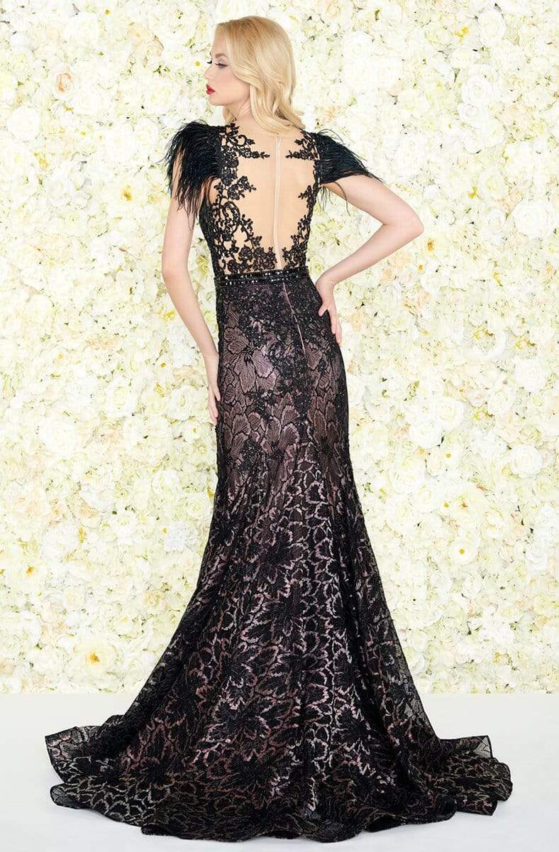 Mac Duggal Black White Red - 79230R Feathered Lace Mermaid Gown Pageant Dresses