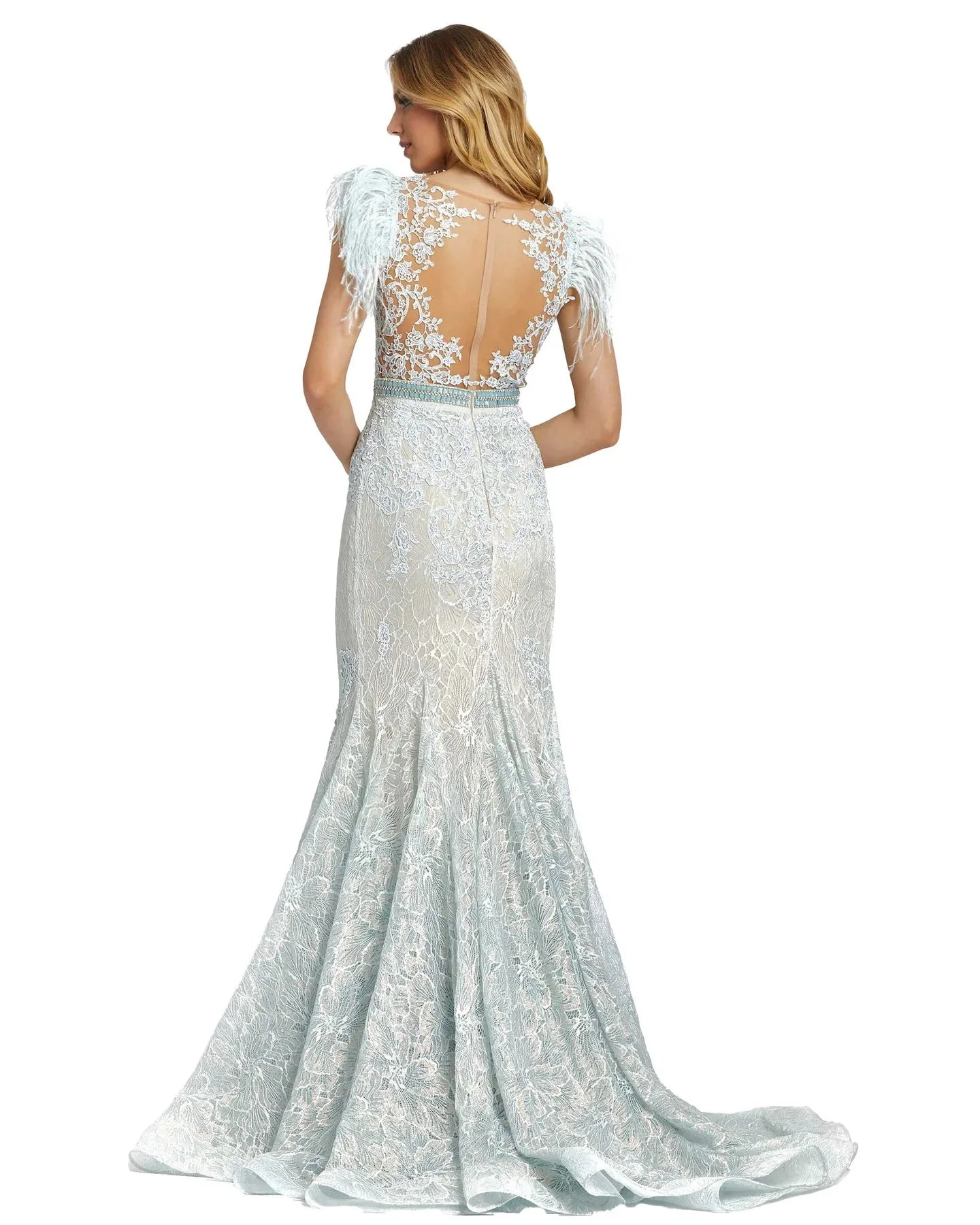 Mac Duggal Black White Red - 79230R Feathered Lace Mermaid Gown Pageant Dresses