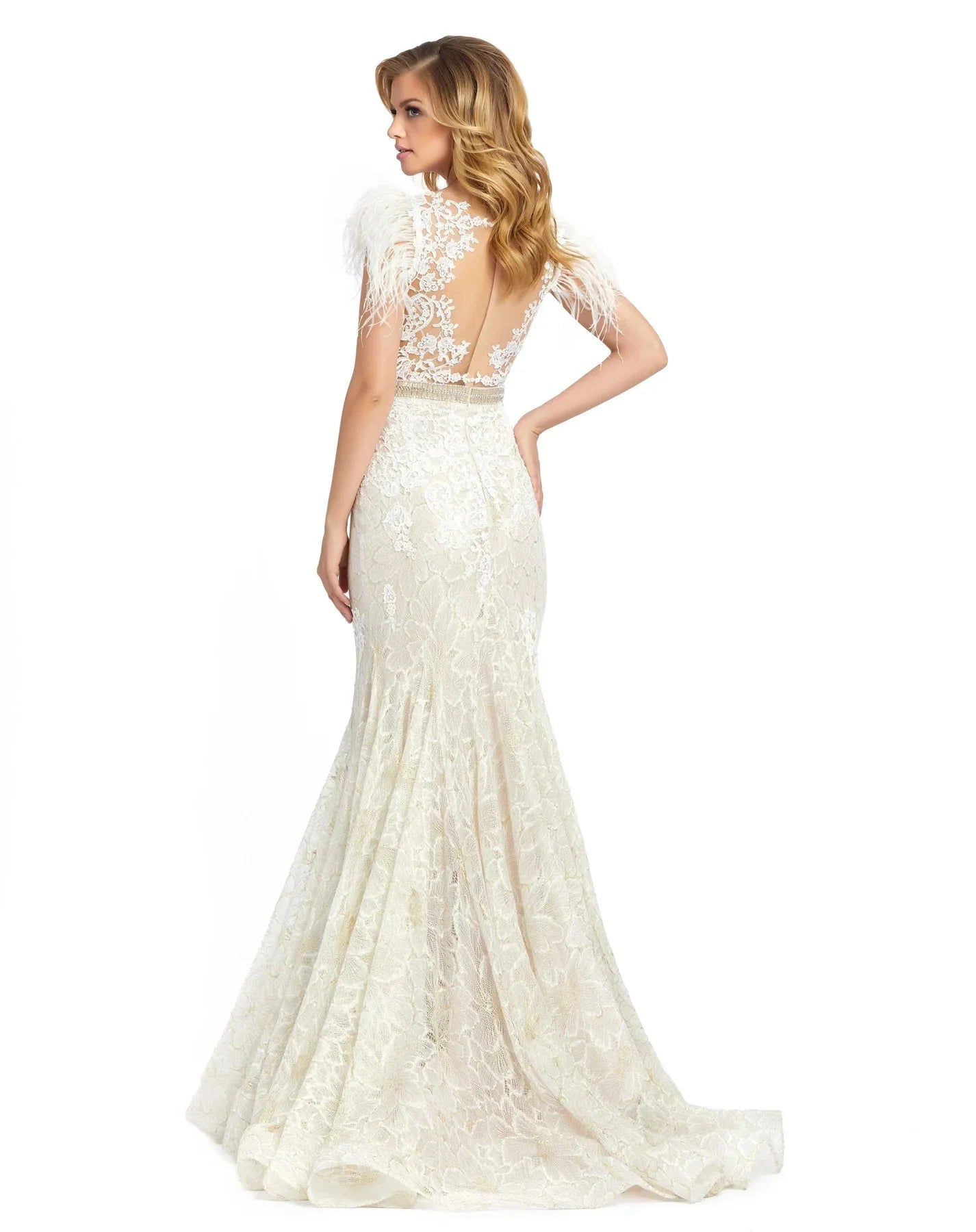 Mac Duggal Black White Red - 79230R Feathered Lace Mermaid Gown Pageant Dresses