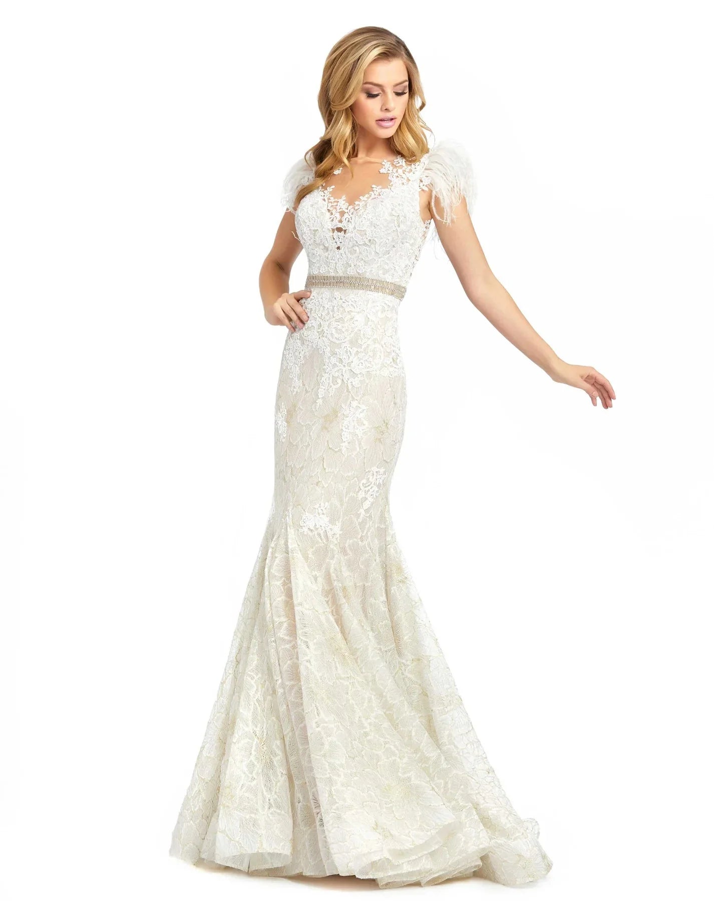 Mac Duggal Black White Red - 79230R Feathered Lace Mermaid Gown Pageant Dresses 4 / Ivory Nude