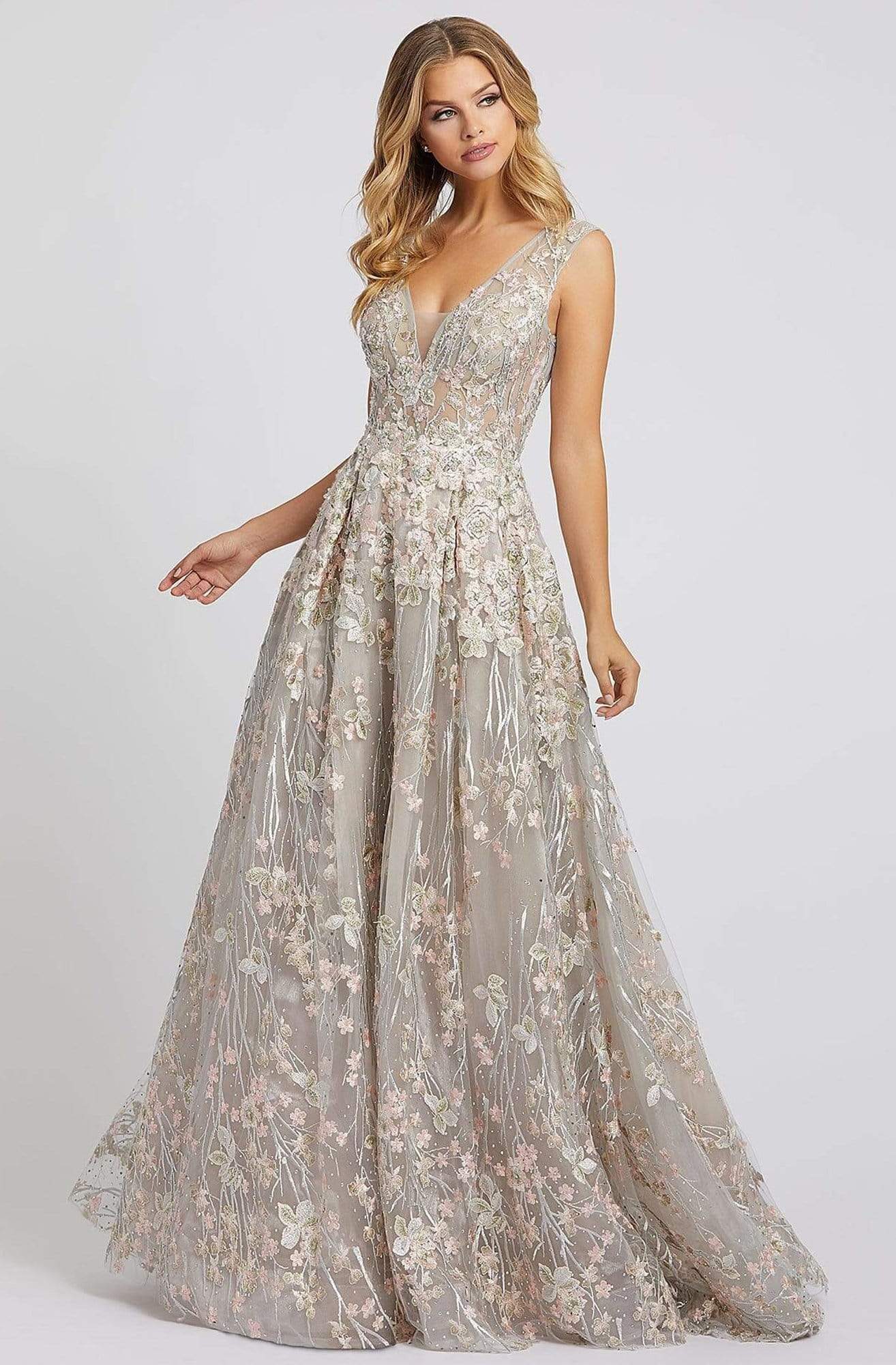 Mac Duggal 20131 - Long A-Line Dress - Sheer Inset Front Panel, Fitted, Sleeveless, Floral Embroideries, Pleated Skirt, Full Length, V Back, Back Zipper Closure ADASA Mac Duggal 20131 - Long A-Line Dress - Sheer Inset Front Panel, Fitted, Sleeveless, Floral Embroideries, Pleated Skirt, Full Length, V Back, Back Zipper Closure ADASA
