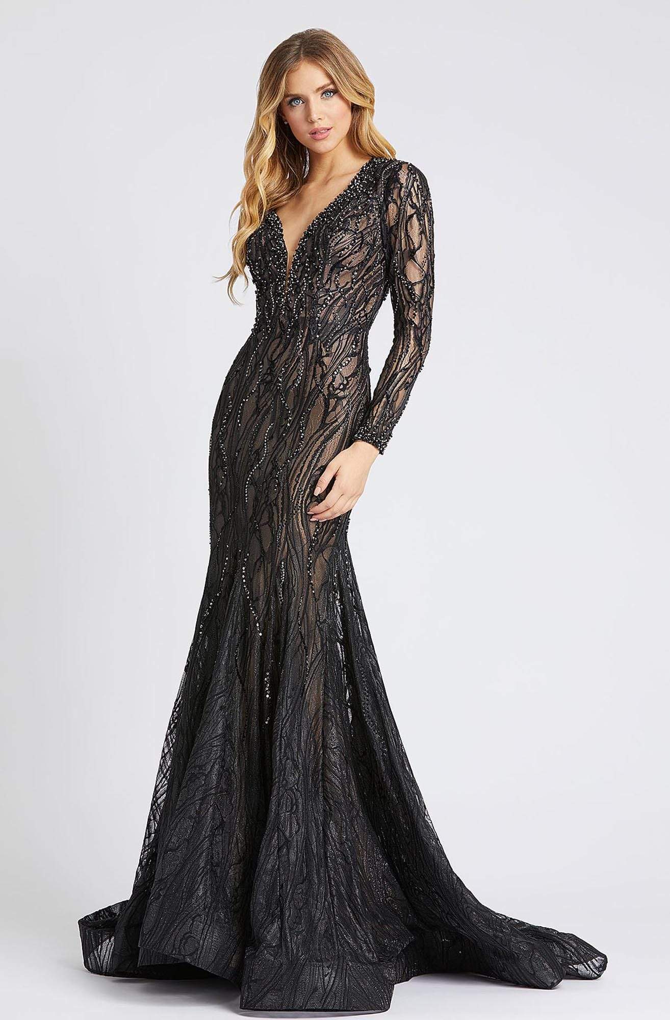 Mac Duggal 79291 - Long Trumpet Dress - Long Sleeves, Sheer, Plunging Neckline, Beads, Lace, Long Trumpet Silhouette, Fitted Bodice, Back Zipper, Sweep Train ADASA Mac Duggal 79291 - Long Trumpet Dress - Long Sleeves, Sheer, Plunging Neckline, Beads, Lace, Long Trumpet Silhouette, Fitted Bodice, Back Zipper, Sweep Train ADASA