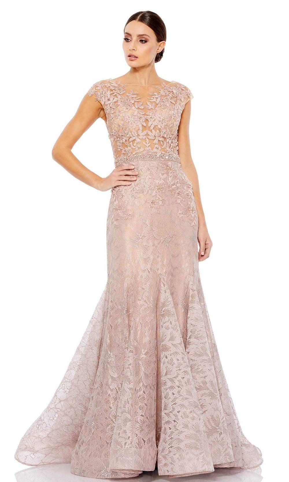 Mac Duggal Evening - 79368D Floral Lace Illusion Trumpet Gown Evening Dresses 2 / Mocha