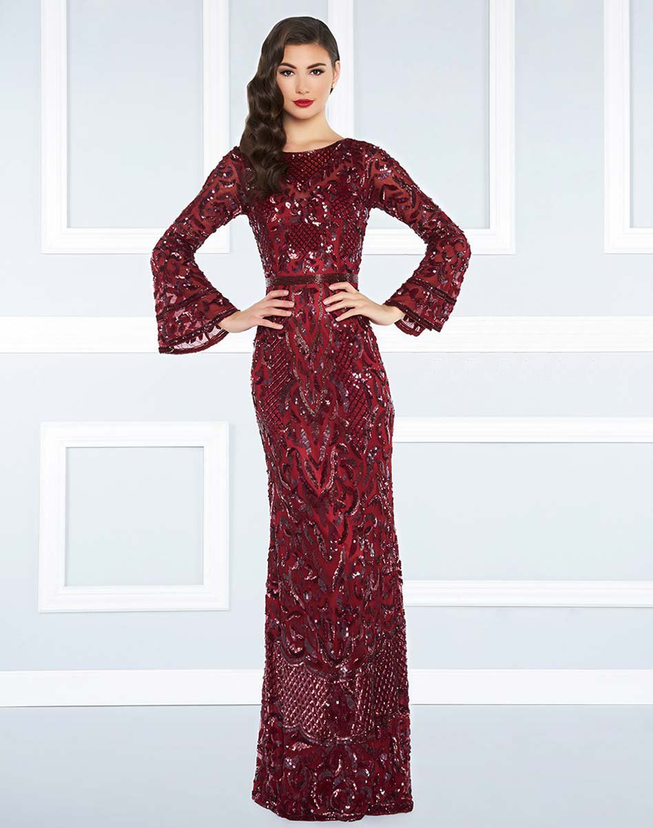 Mac Duggal Black White Red - 4576R Beaded Dress with Long Bell Sleeves in Red