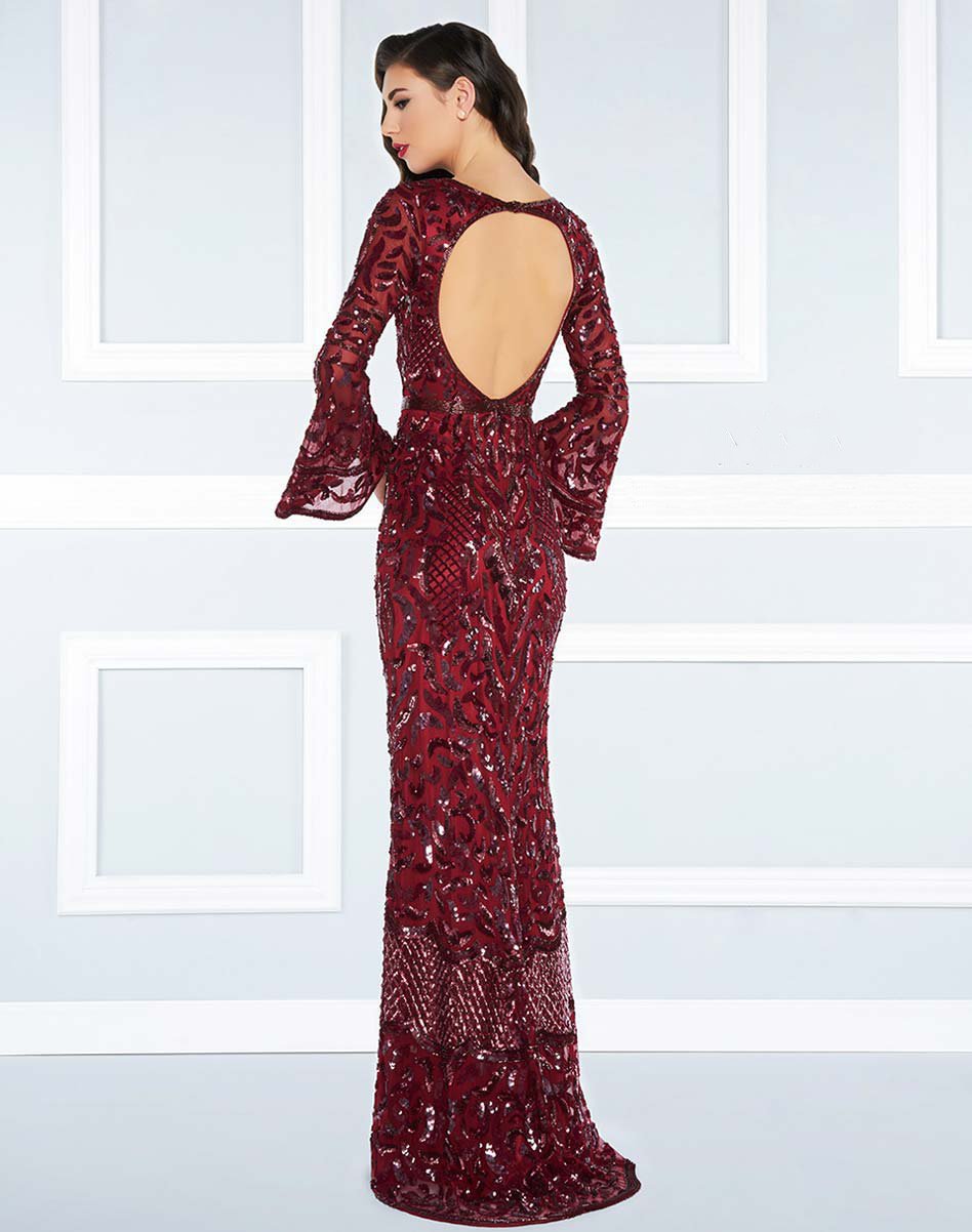 Mac Duggal Black White Red - 4576R Beaded Dress with Long Bell Sleeves in Red