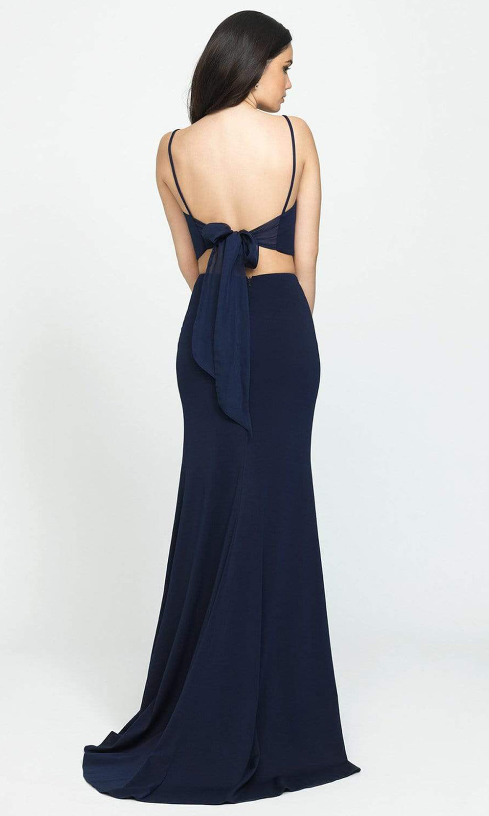 Madison James - 19-123 Crop Top Sheath Skirt with Slit Jersey Dress Pageant Dresses 2 / Navy