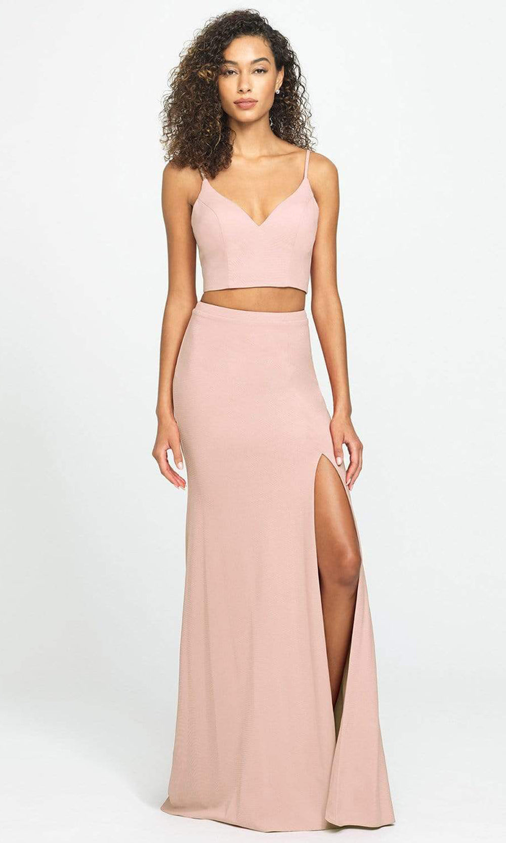 Madison James - 19-123 Crop Top Sheath Skirt with Slit Jersey Dress Pageant Dresses 2 / Blush