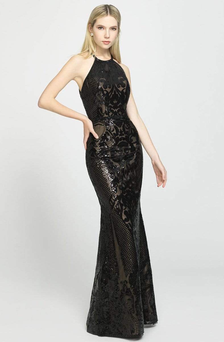 Madison James - 19-173 Sequined Halter Trumpet Dress Special Occasion Dress 0 / Black