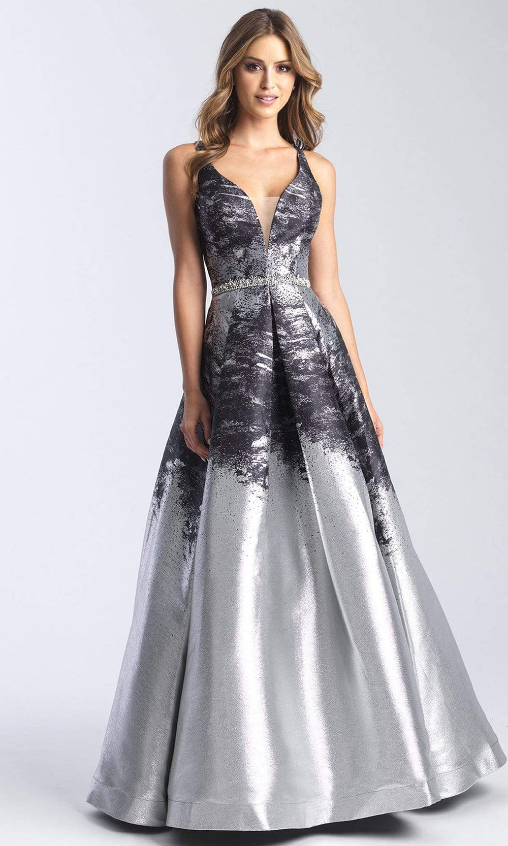 Madison James - 20-333 Deep V-neck Metallic Mikado Ballgown Ball Gowns 2 / Black/Silver