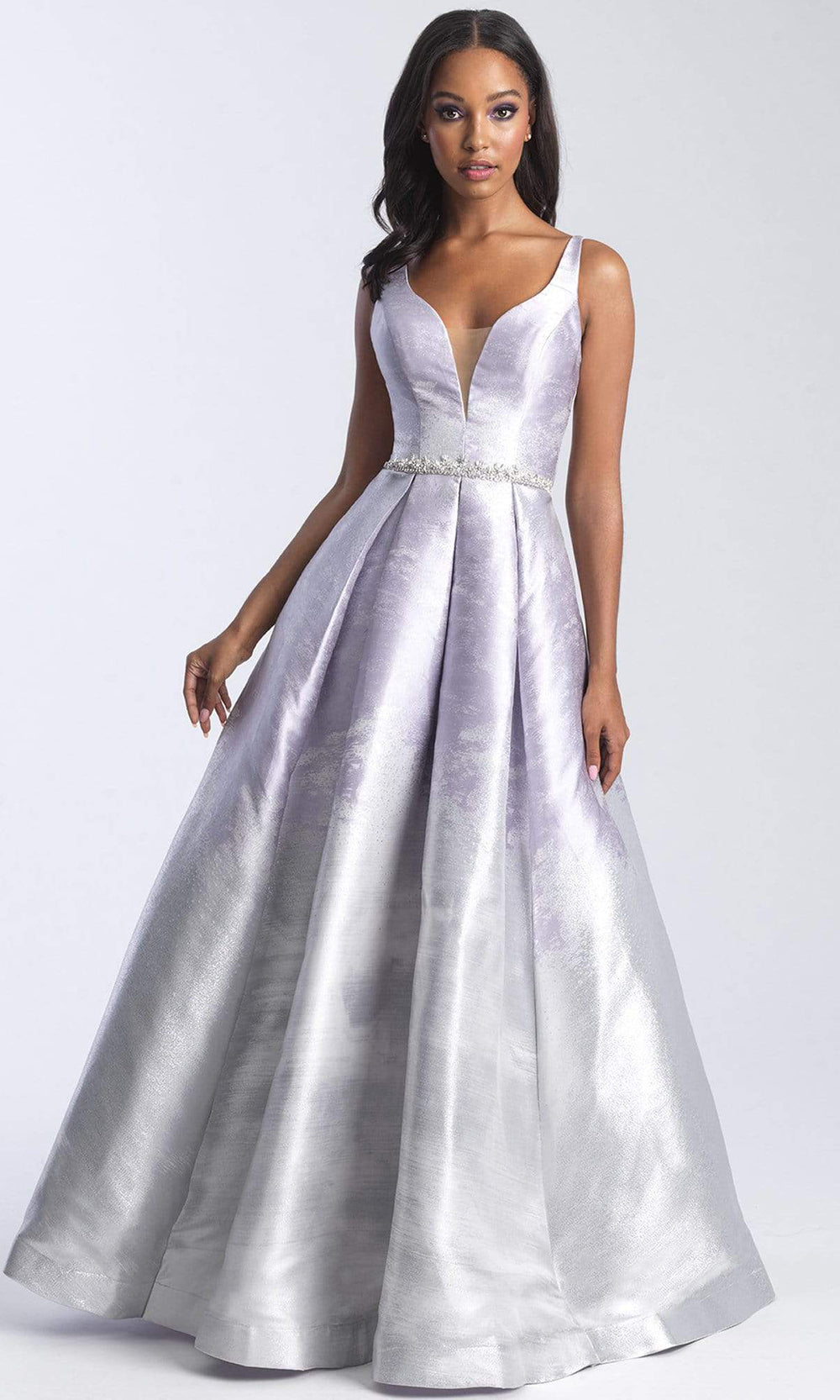 Madison James - 20-333 Deep V-neck Metallic Mikado Ballgown Ball Gowns 2 / Silver