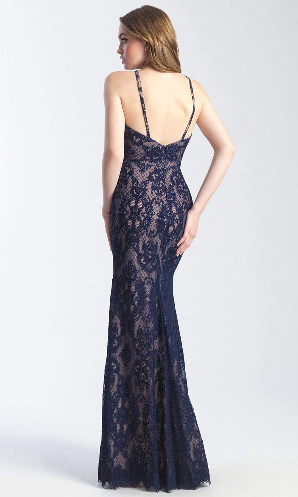 Madison James - 20-340 Stretch Lace Halter Sheath Dress Prom Dresses 2 / Navy