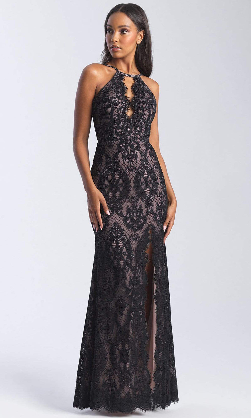 Madison James - 20-340SC Lace Allover Slit Halter Dress ADASA Madison James - 20-340SC Lace Allover Slit Halter Dress ADASA