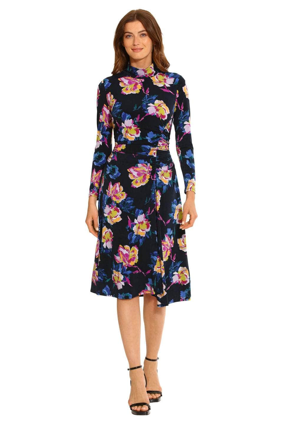 Maggy London G5915M - Tea-Length Jersey A-Line Dress - Long Sleeve, Floral  Print, Ruched Detail, Full Back, Hidden Back Zipper, Fit And Flare – ADASA