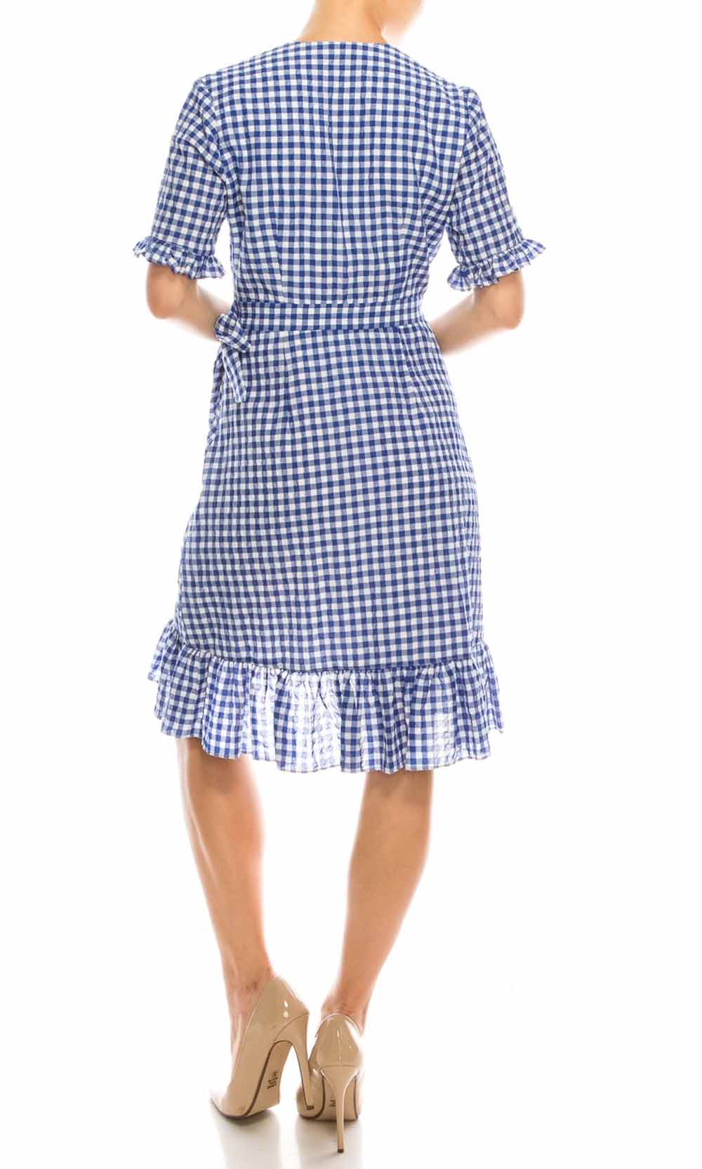 Maggy London - G3958M Gingham Print Ruffle Trimmed Dress In Blue and Print