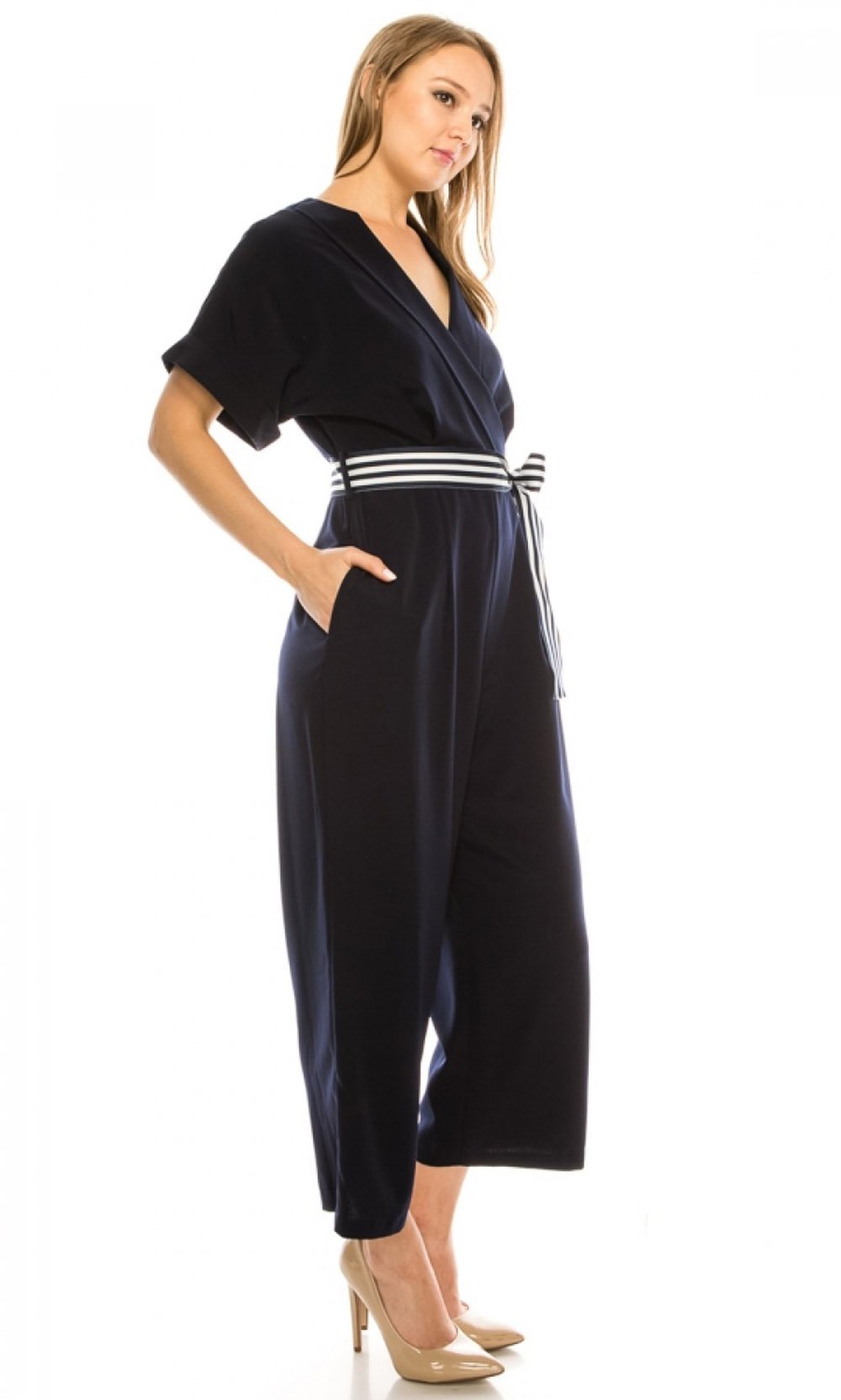 Maggy London - G4082M Short Sleeve Stripe Belted Capri Jumpsuit In Blue