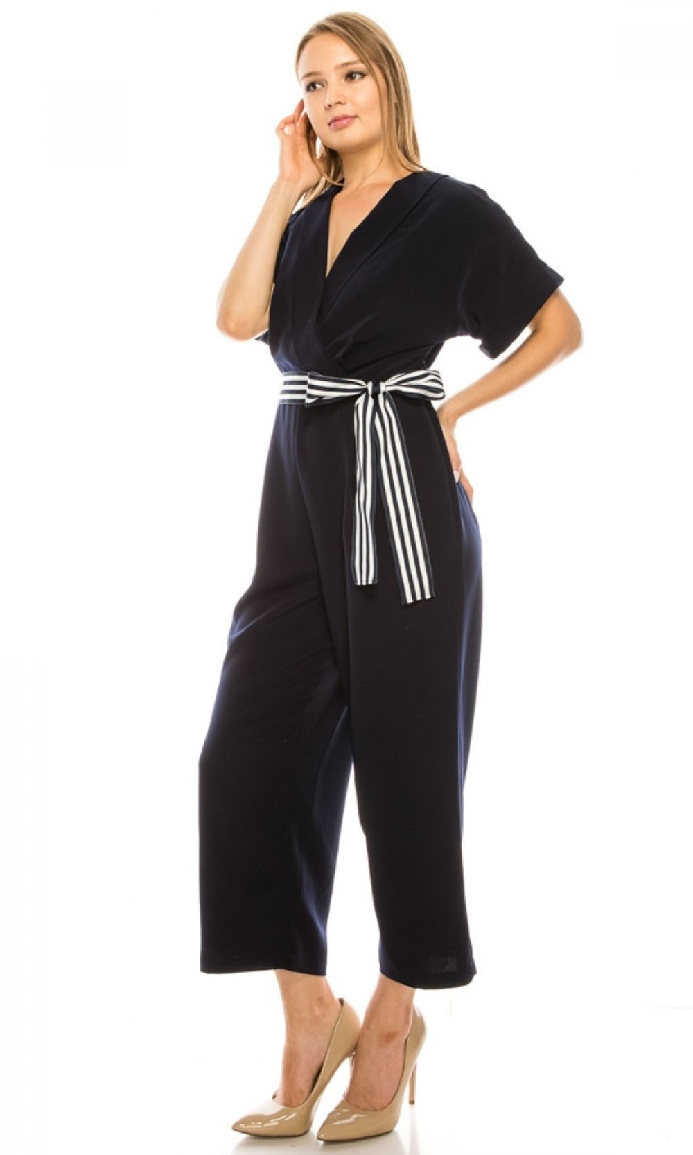 Maggy London - G4082M Short Sleeve Stripe Belted Capri Jumpsuit In Blue