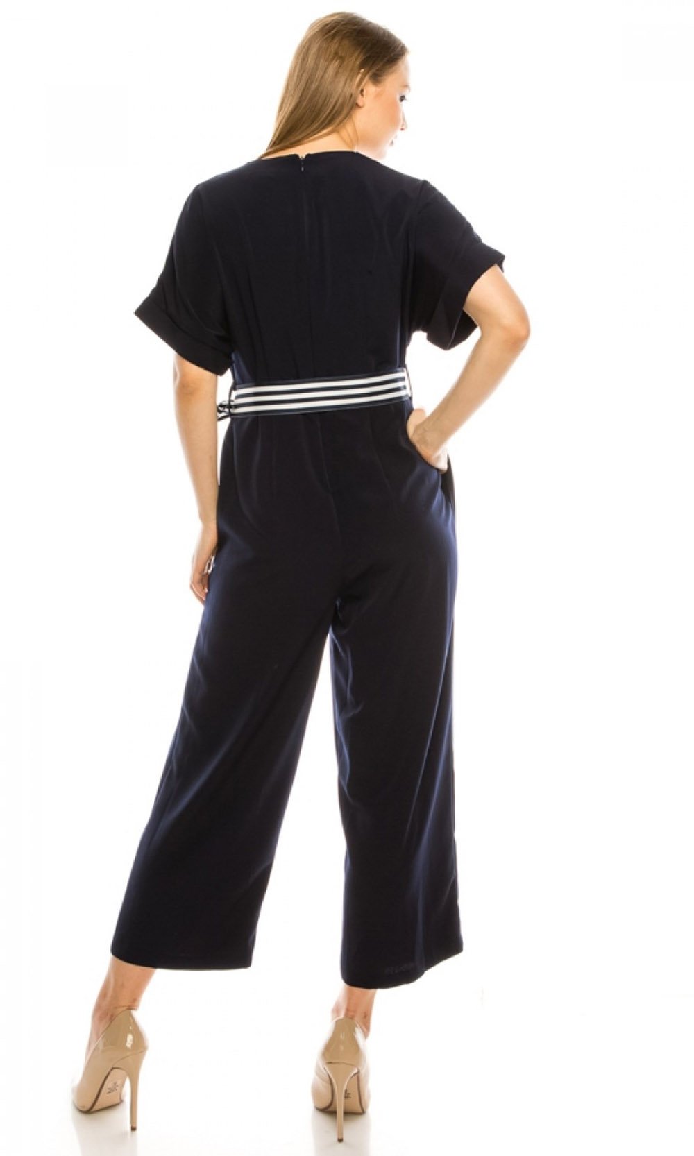 Maggy London - G4082M Short Sleeve Stripe Belted Capri Jumpsuit In Blue