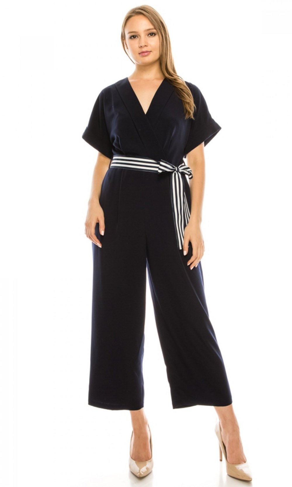 Maggy London - G4082M Short Sleeve Stripe Belted Capri Jumpsuit In Blue