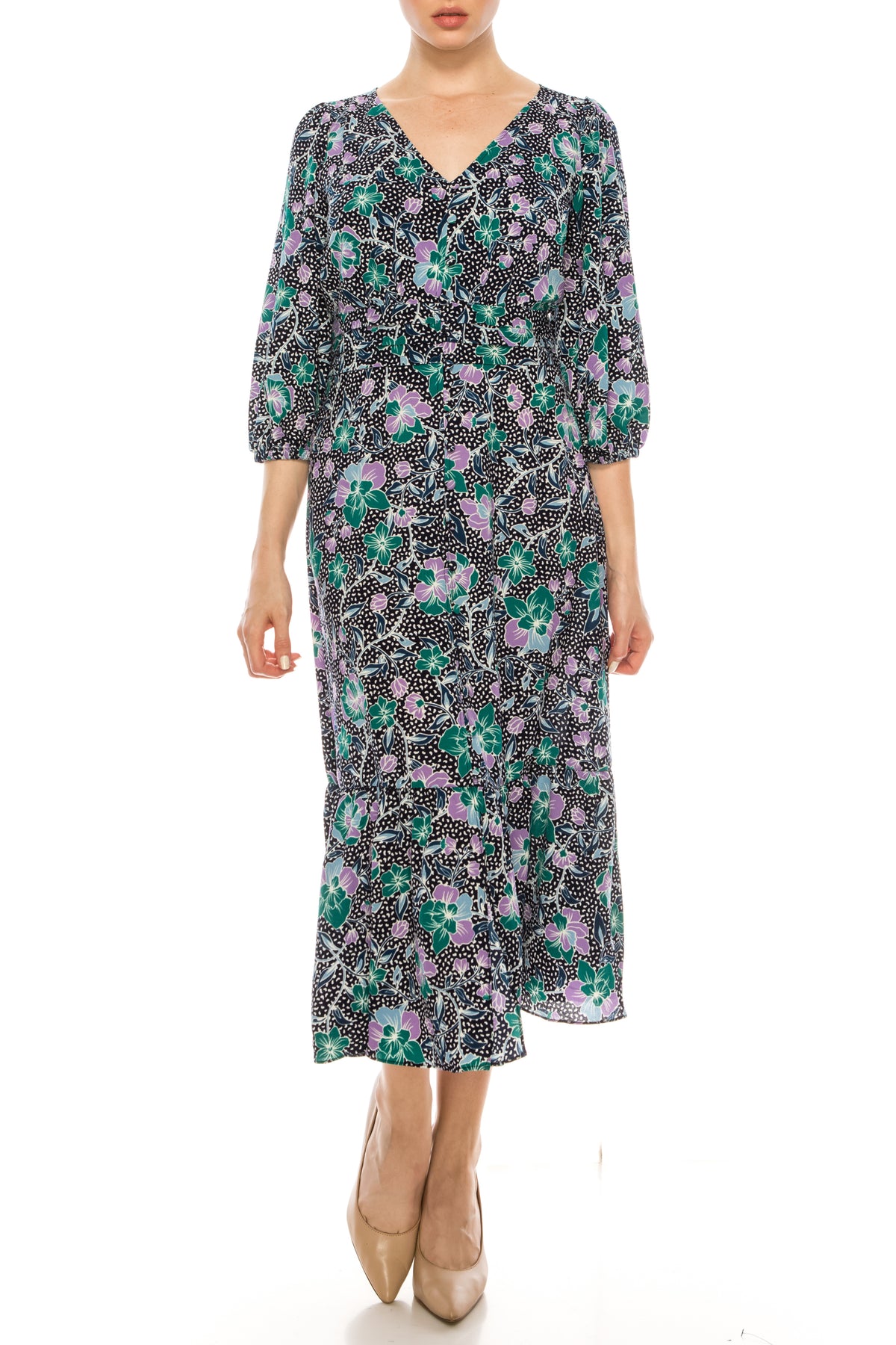 Maggy London - G4845M V-Neck Tea-Length Dress In Black and Purple