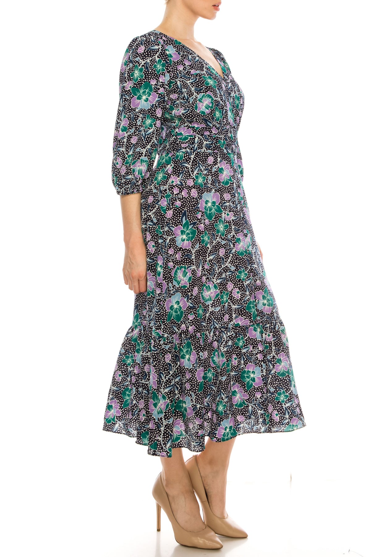 Maggy London - G4845M V-Neck Tea-Length Dress In Black and Purple