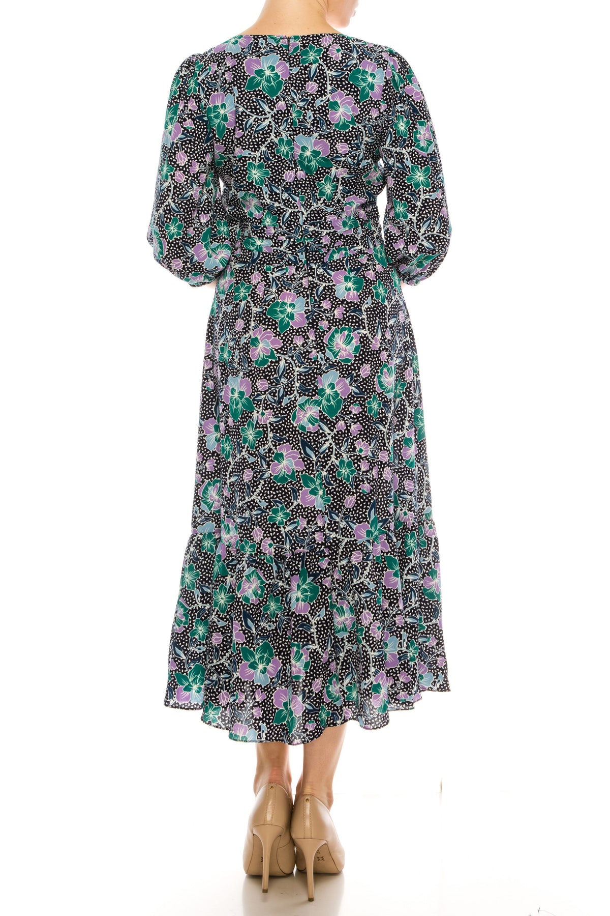 Maggy London - G4845M V-Neck Tea-Length Dress In Black and Purple