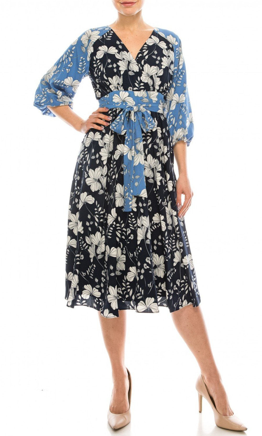 Maison Tara - 91196M Tea Length Floral Color Block A-Line Dress In Blue and Floral