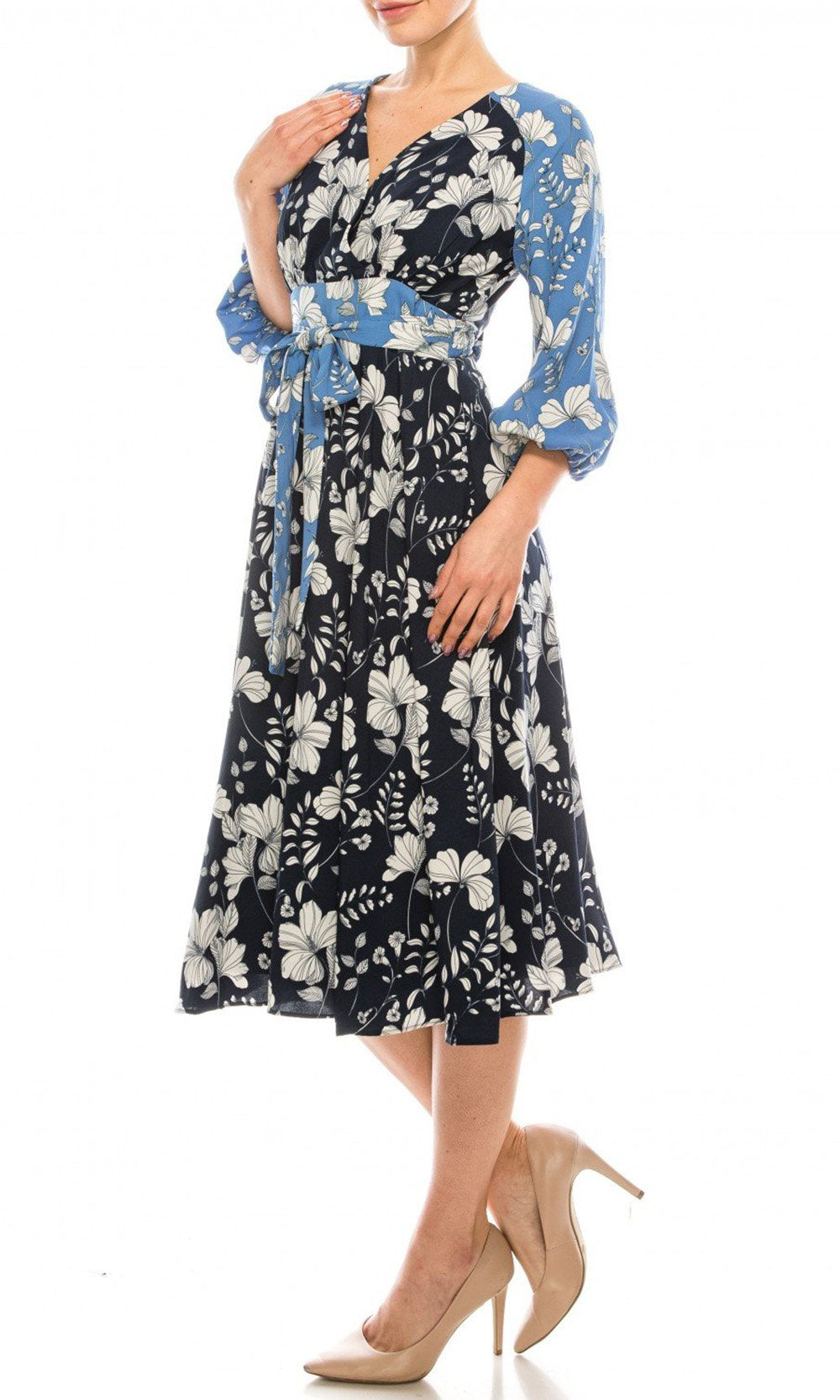 Maison Tara - 91196M Tea Length Floral Color Block A-Line Dress In Blue and Floral