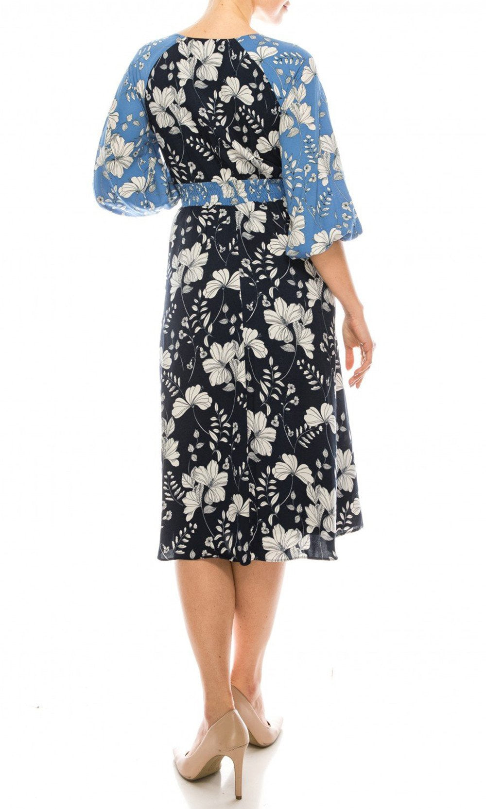 Maison Tara - 91196M Tea Length Floral Color Block A-Line Dress In Blue and Floral