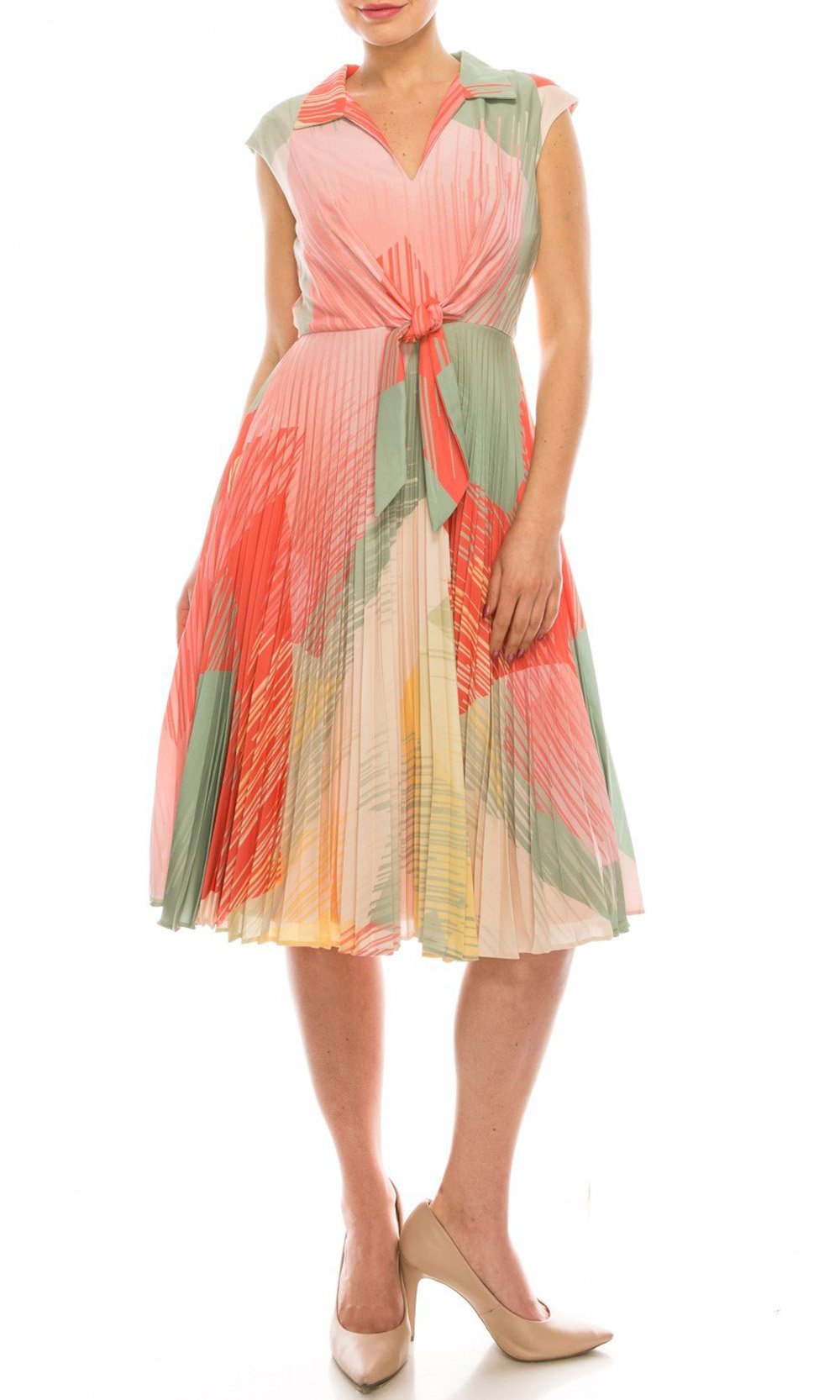 Maison Tara - 91238M Cap Sleeve Tie-Waist Print A-Line Dress In Multi-Color and Print