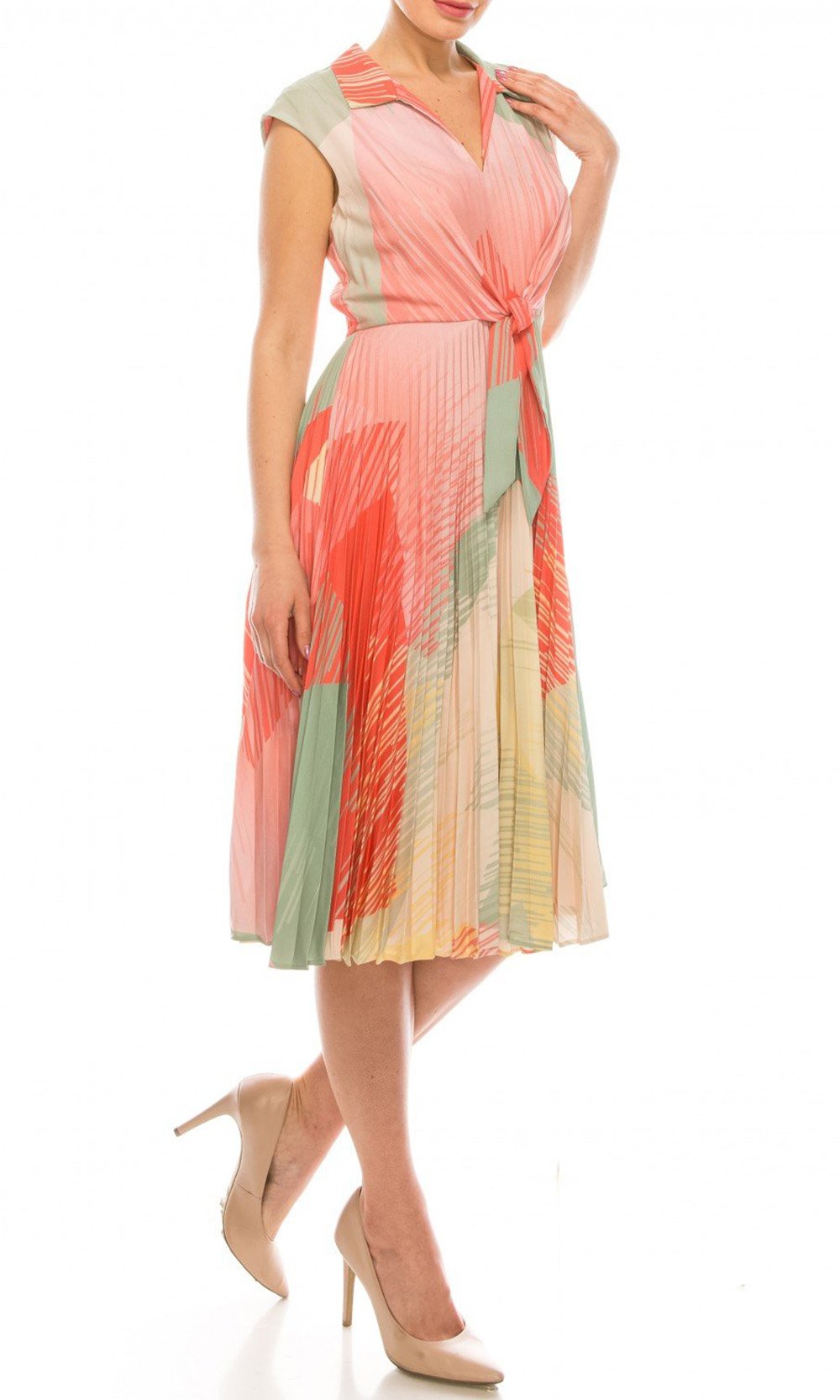 Maison Tara - 91238M Cap Sleeve Tie-Waist Print A-Line Dress In Multi-Color and Print