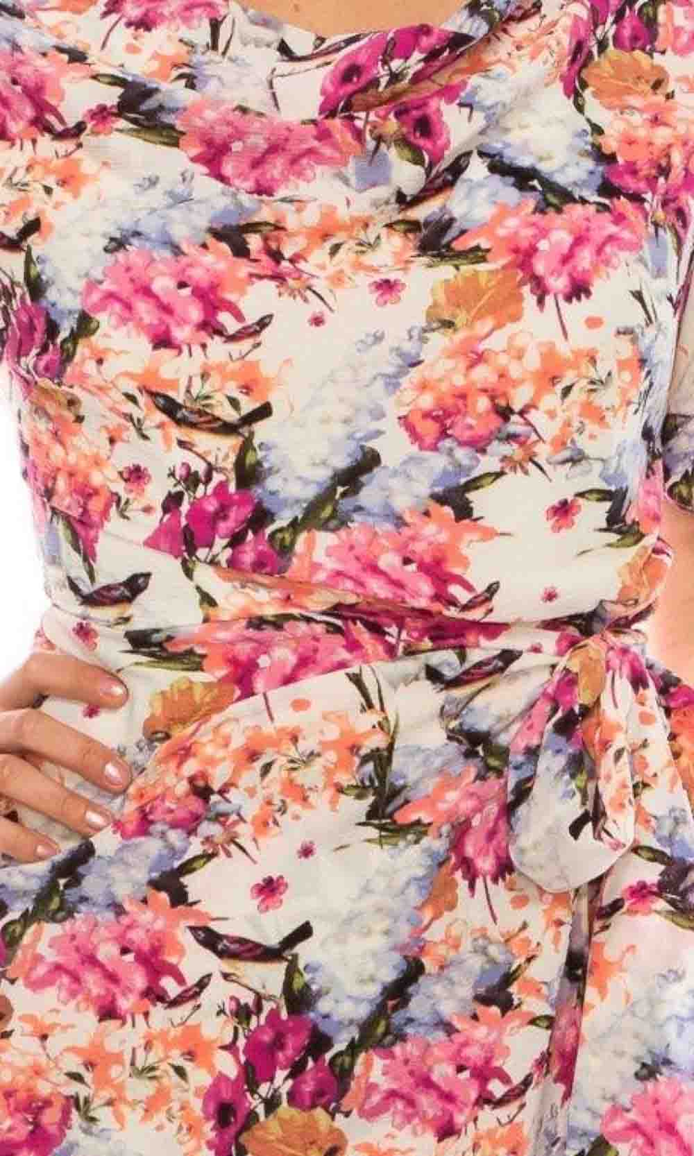 Maison Tara - 91283M Tea Length Flutter Sleeve Floral Dress In Pink and Floral