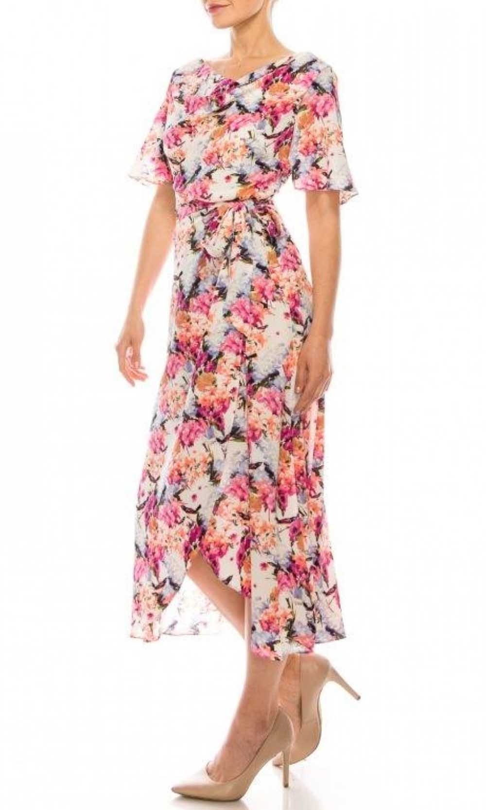 Maison Tara - 91283M Tea Length Flutter Sleeve Floral Dress In Pink and Floral