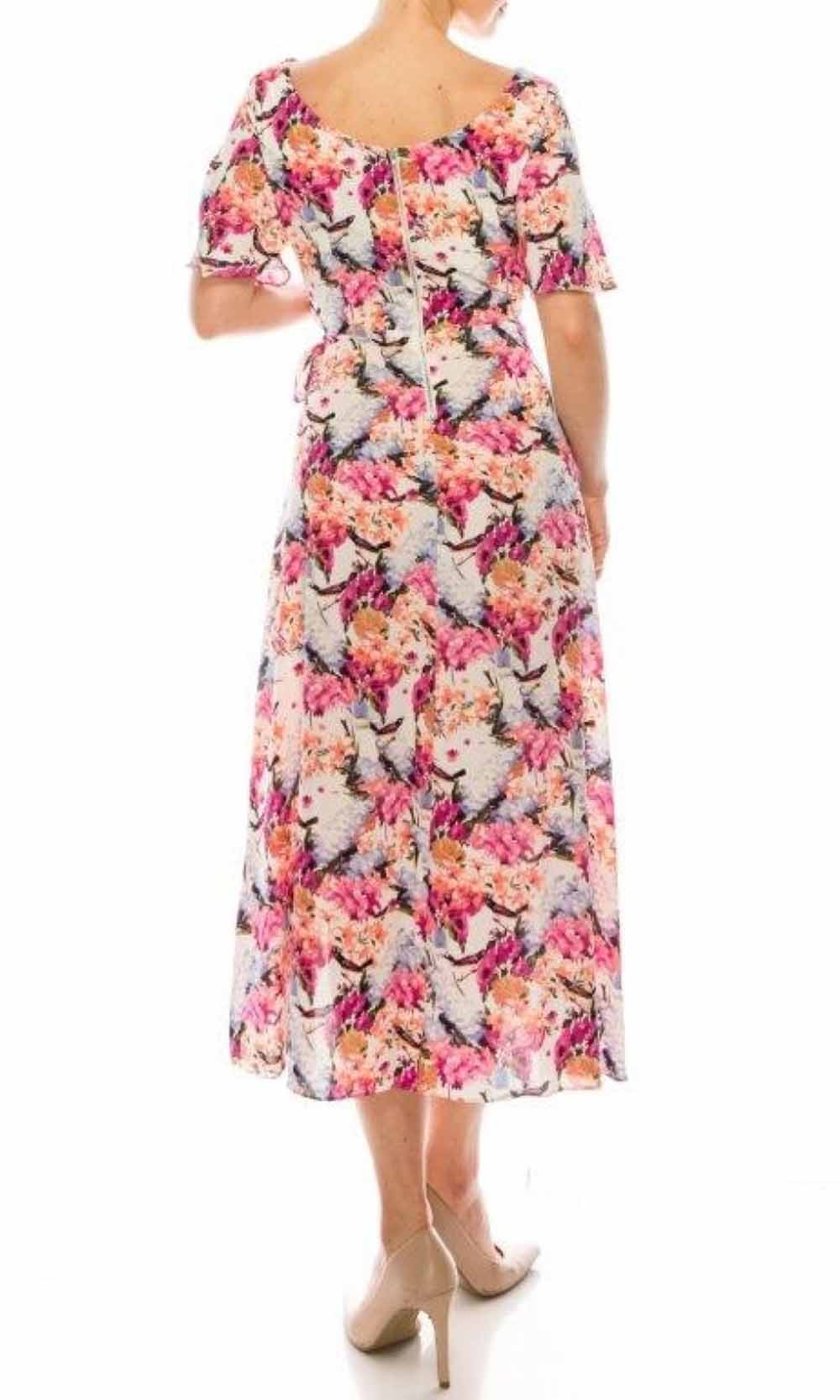 Maison Tara - 91283M Tea Length Flutter Sleeve Floral Dress In Pink and Floral