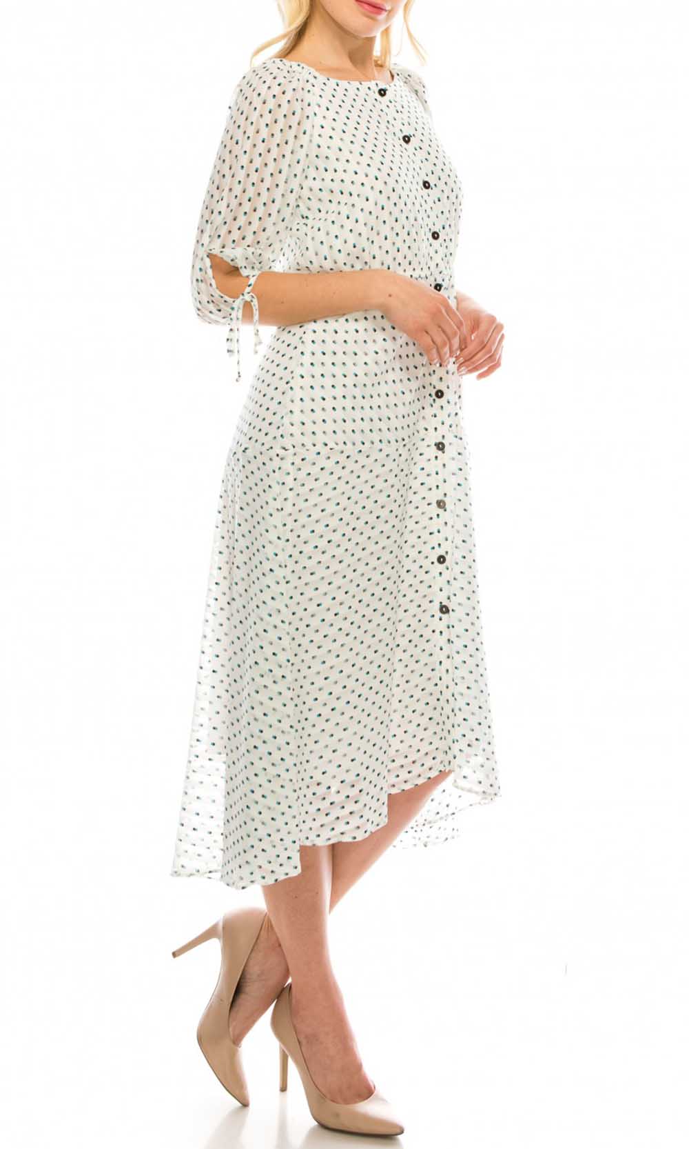 Maison Tara - 95043M Tea Length Polkadot Button Down Dress In White and Print