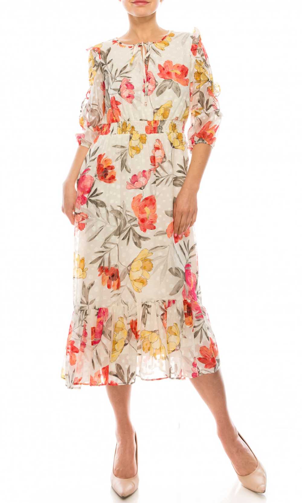 Maison Tara - 95084M Ruffle Trimmed Sleeve Tie Notch A-Line Dress In Floral