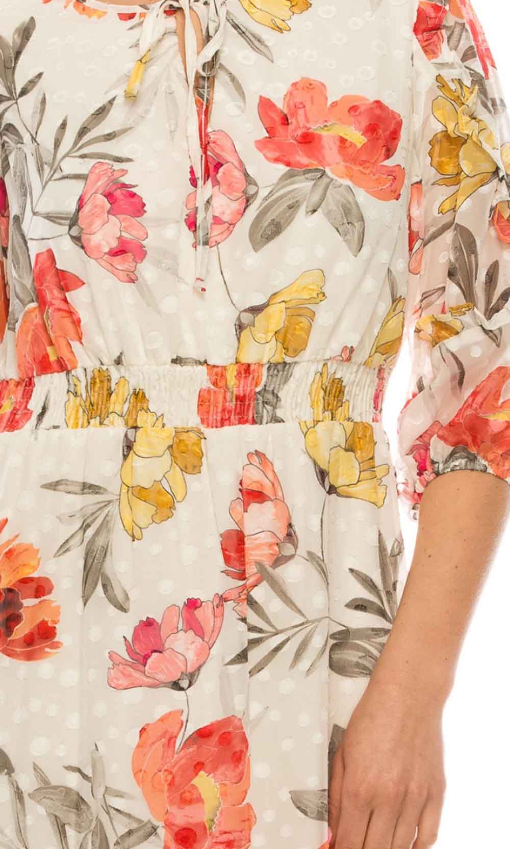 Maison Tara - 95084M Ruffle Trimmed Sleeve Tie Notch A-Line Dress In Floral