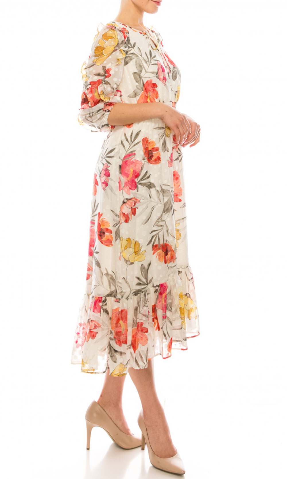 Maison Tara - 95084M Ruffle Trimmed Sleeve Tie Notch A-Line Dress In Floral
