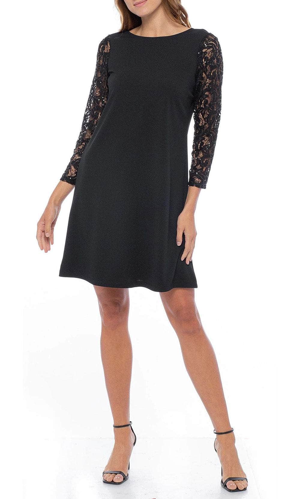 Marina Boat Neck 3/4 Lace Sleeve V-Back Scuba Crepe Dress Black / 16 Marina Boat Neck 3/4 Lace Sleeve V-Back Scuba Crepe Dress Black / 16