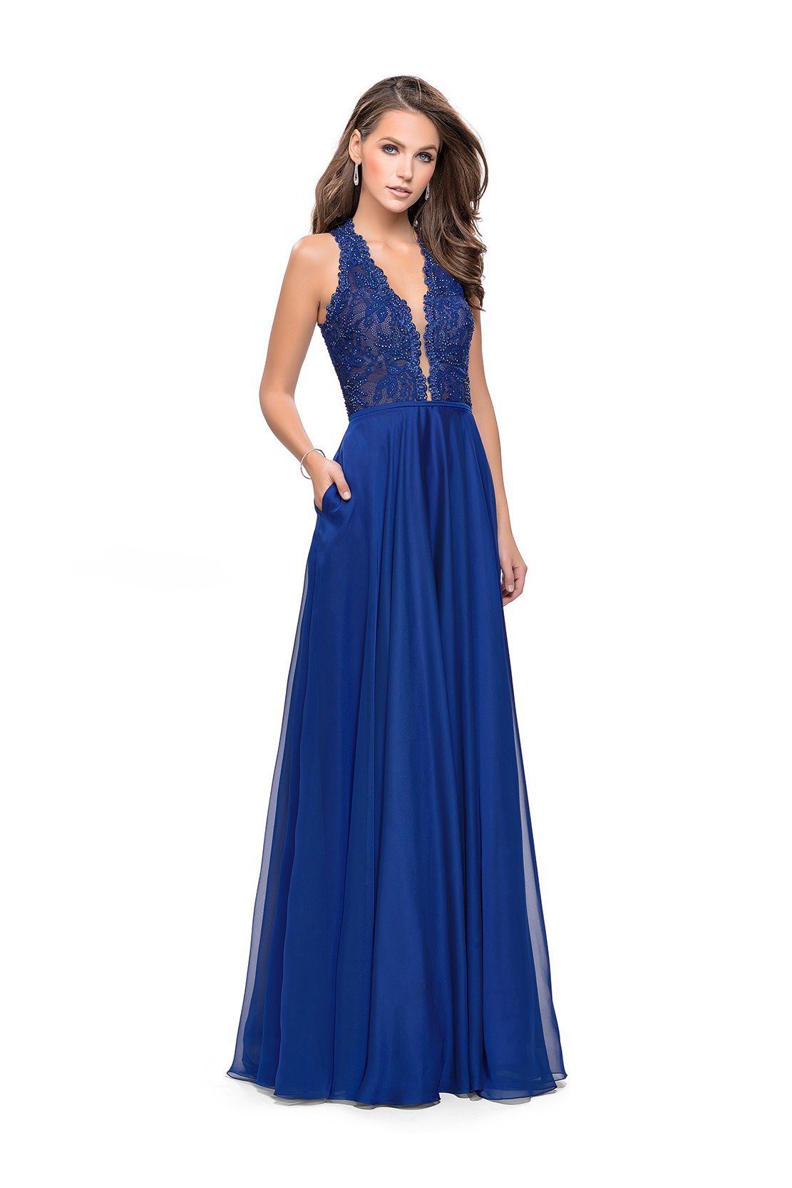 La Femme - Scalloped Plunging Lace Chiffon Dress 25487SC In Blue