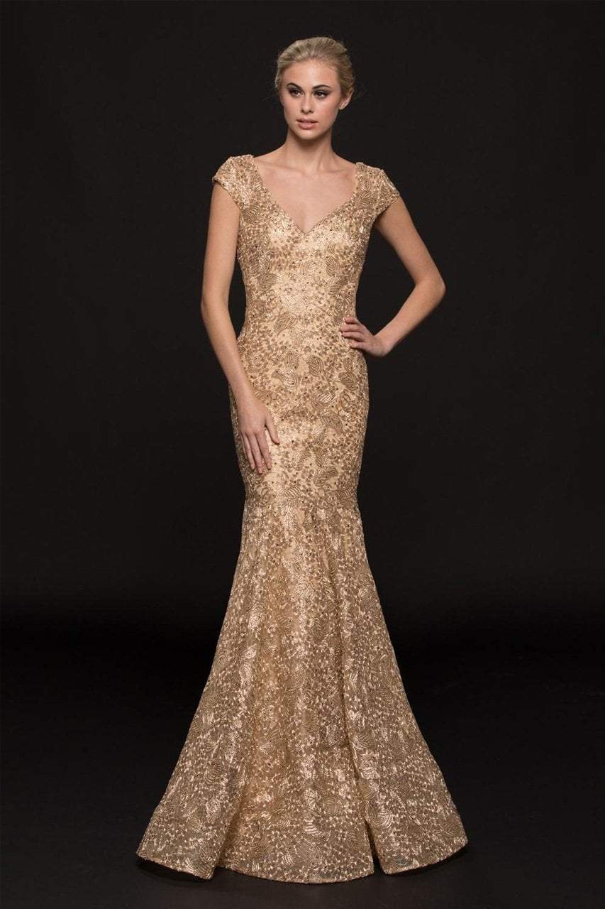 Marsoni by Colors - M212 Fitted Lace V-Neck Mermaid Gown CCSALE 12 / Gold