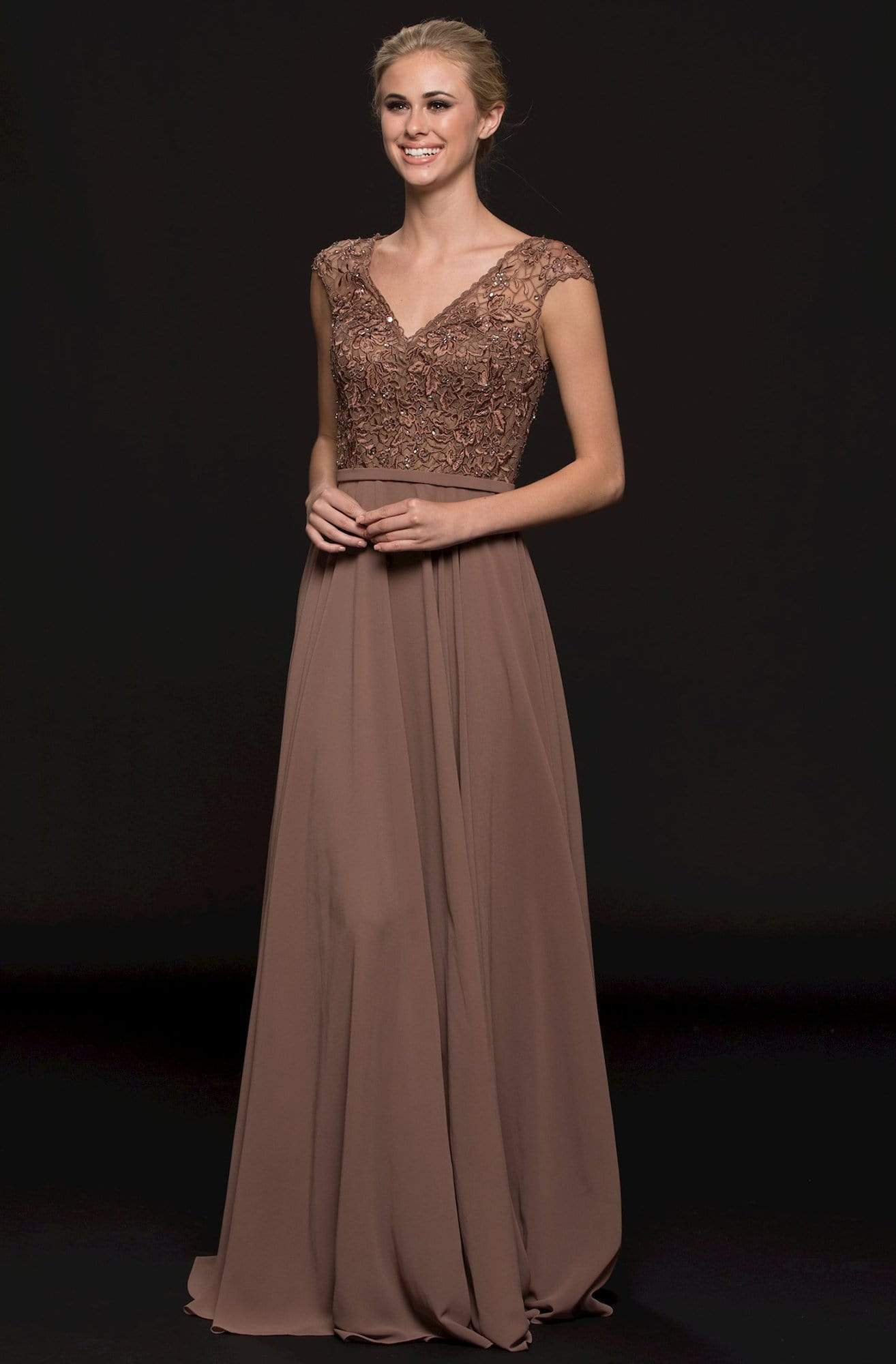 Marsoni by Colors - M219 Embellished V-neck Chiffon A-line Dress Special Occasion Dress 6 / Dark Taupe