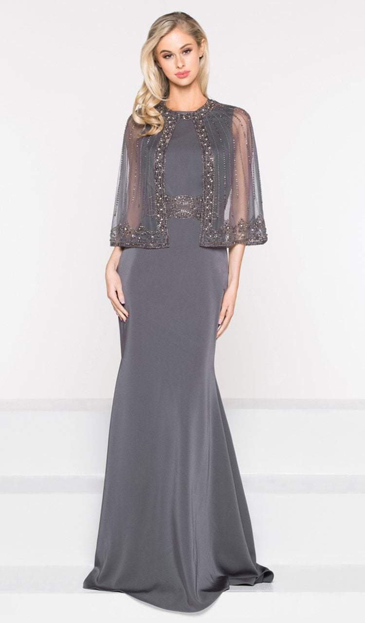 Marsoni by Colors - M232 Jeweled Cape Long Faille Gown Special Occasion Dress 4 / Charcoal